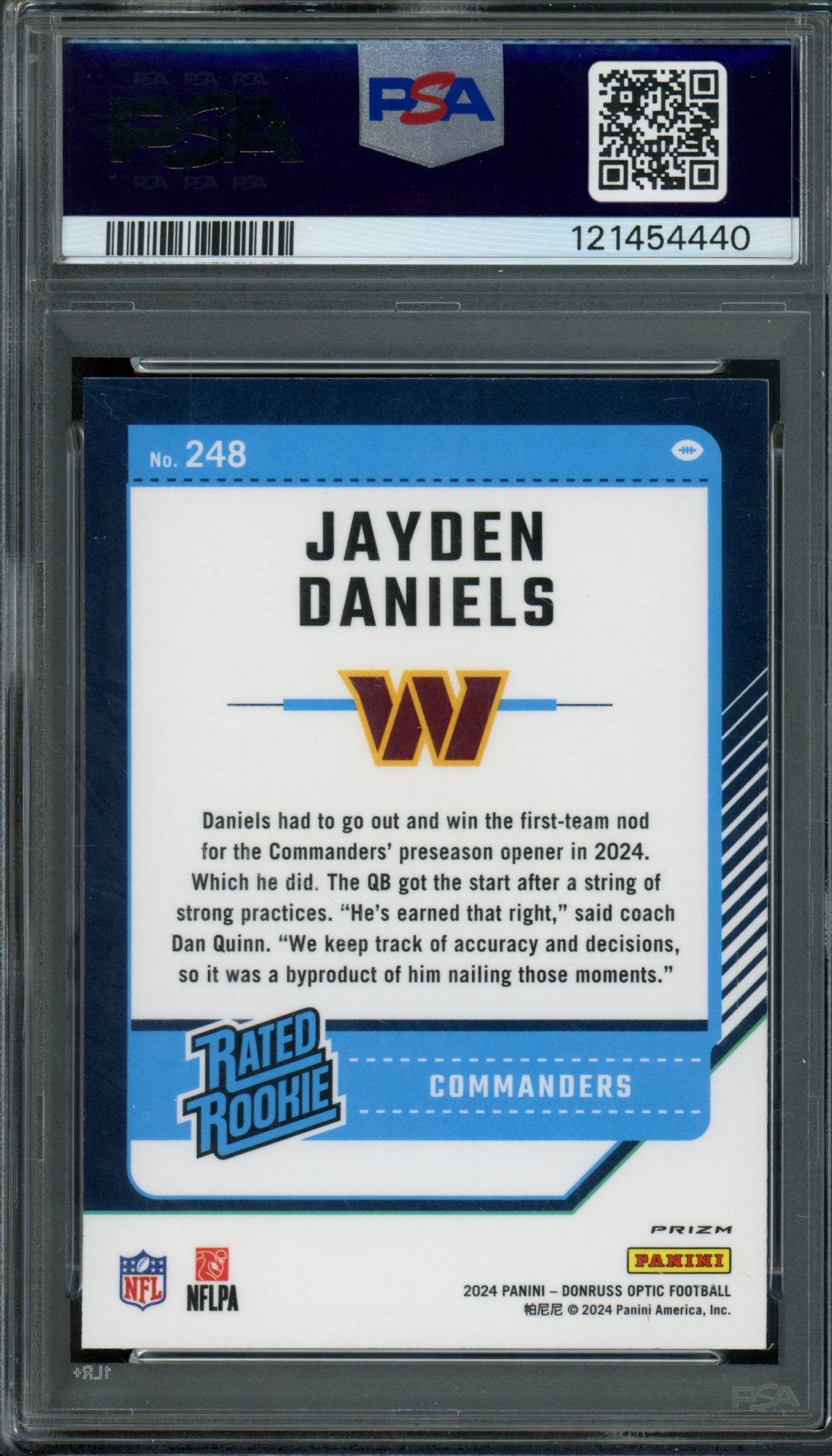 2024 Panini Optic Jayden Daniels Rated Rookie Purple Shock PSA 9 Commanders