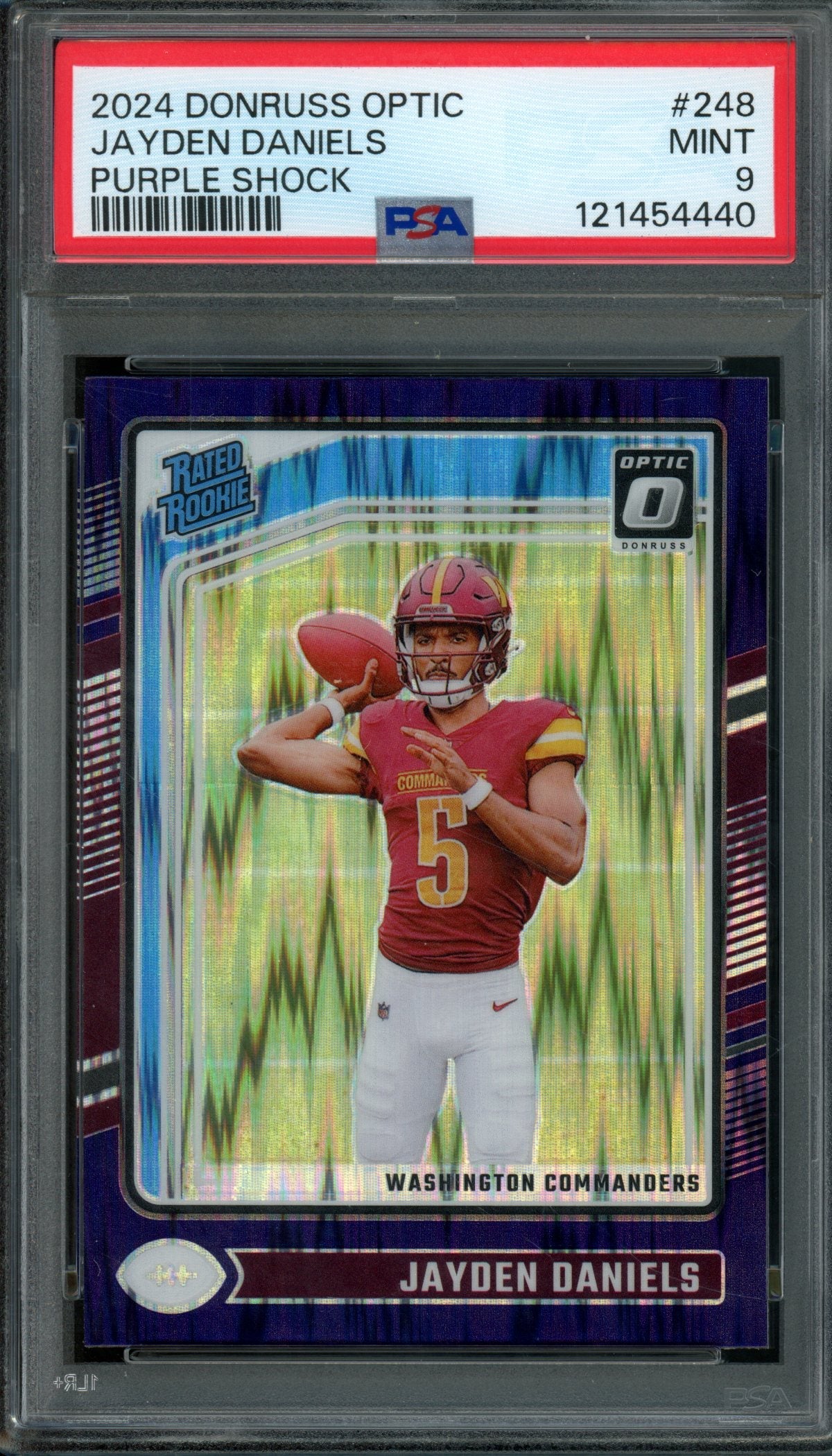 2024 Panini Optic Jayden Daniels Rated Rookie Purple Shock PSA 9 Commanders