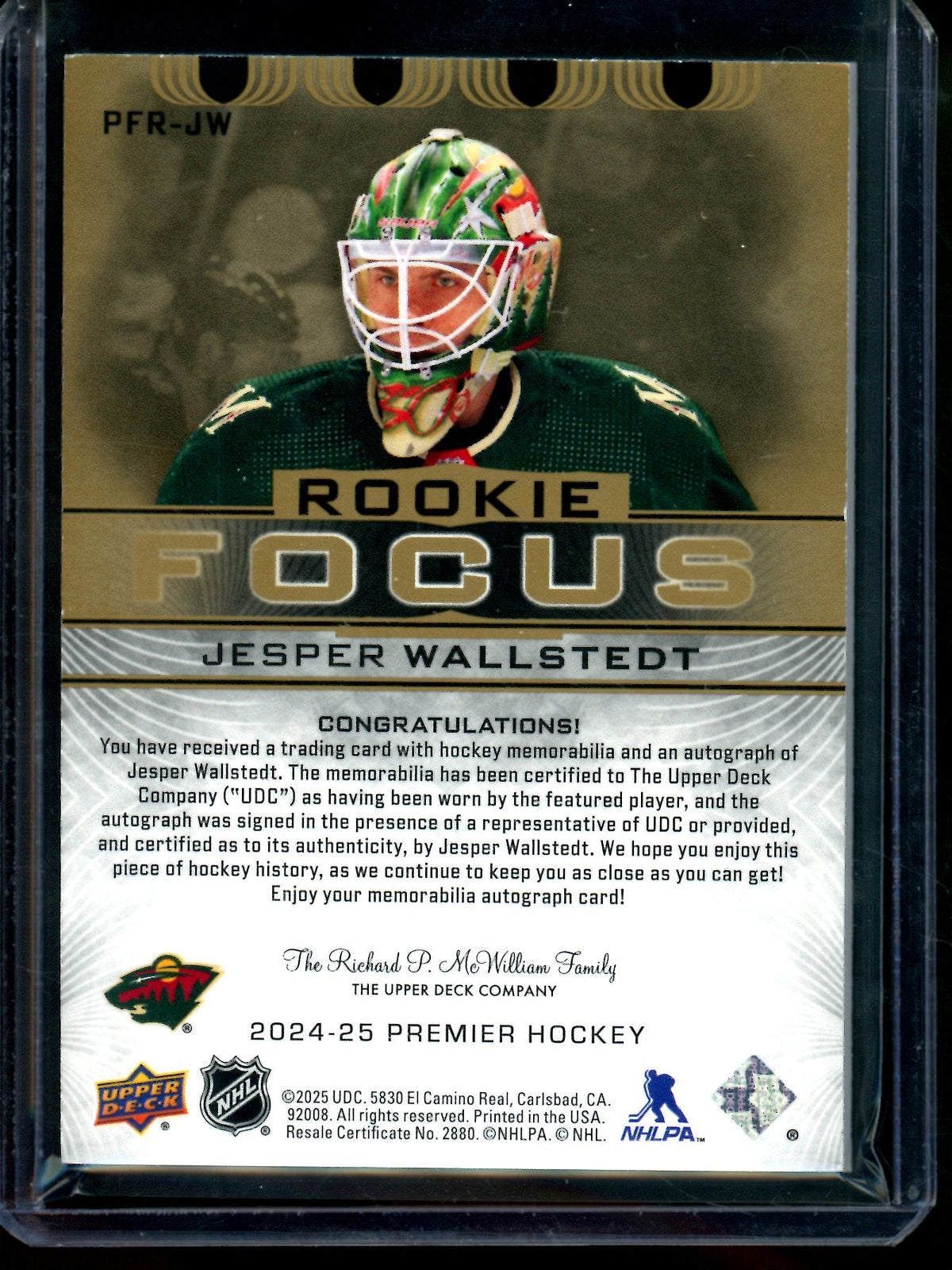 2025 Upper Deck Premier Jesper Wallstedt Rookie Focus Patch Autograph /49 Wild - Trading Card Market
