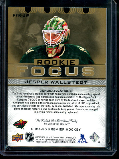 2025 Upper Deck Premier Jesper Wallstedt Rookie Focus Patch Autograph /49 Wild - Trading Card Market