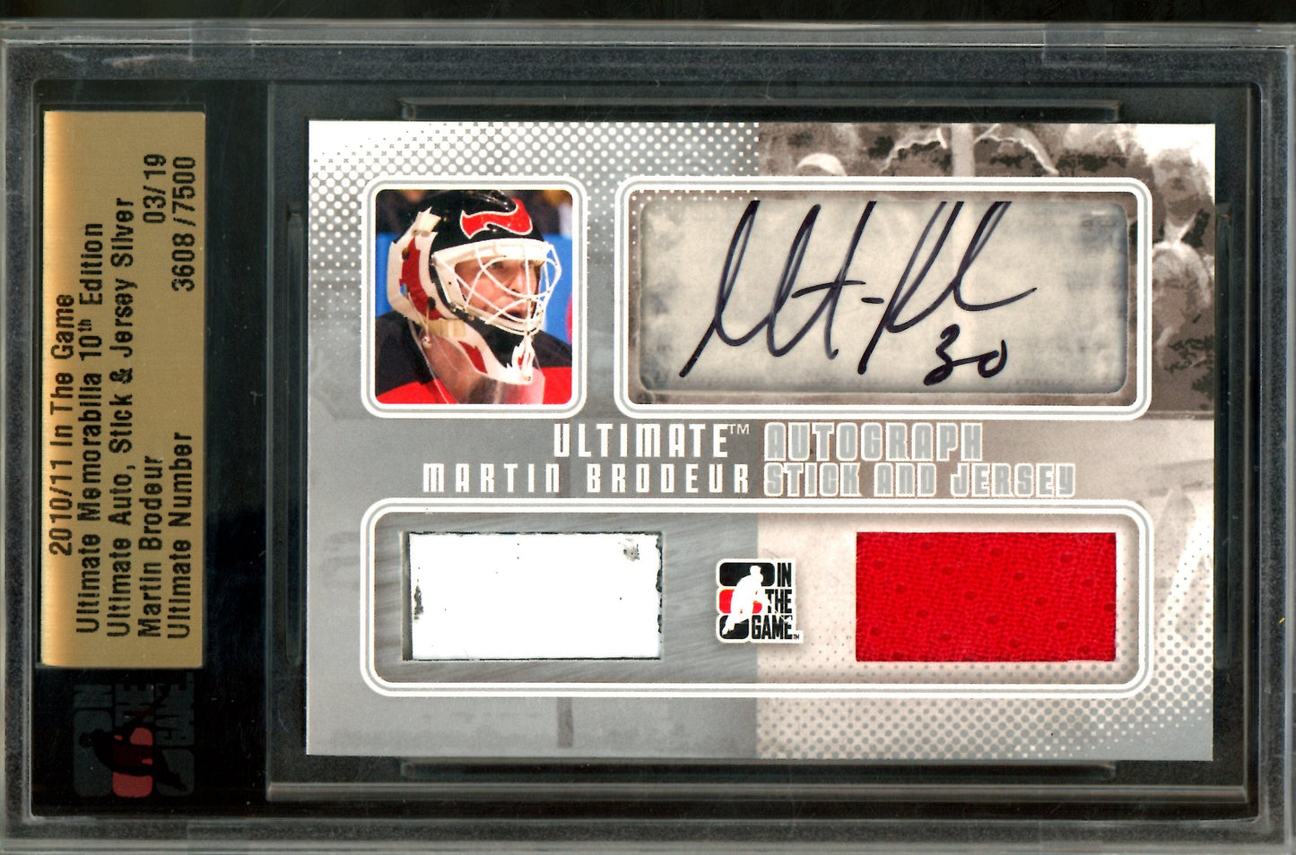 2010 In The Game In the Game Martin Brodeur Dual Patch Autograph /19 Blues