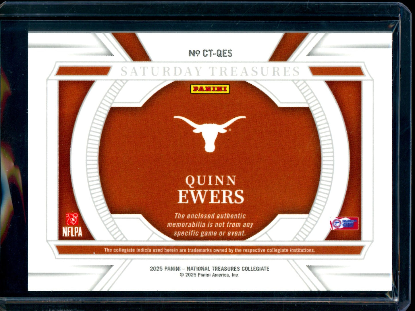 2025 Panini National Treasures Quinn Ewers Saturday Treasures Dual Rookie Relic /25 Longhorns