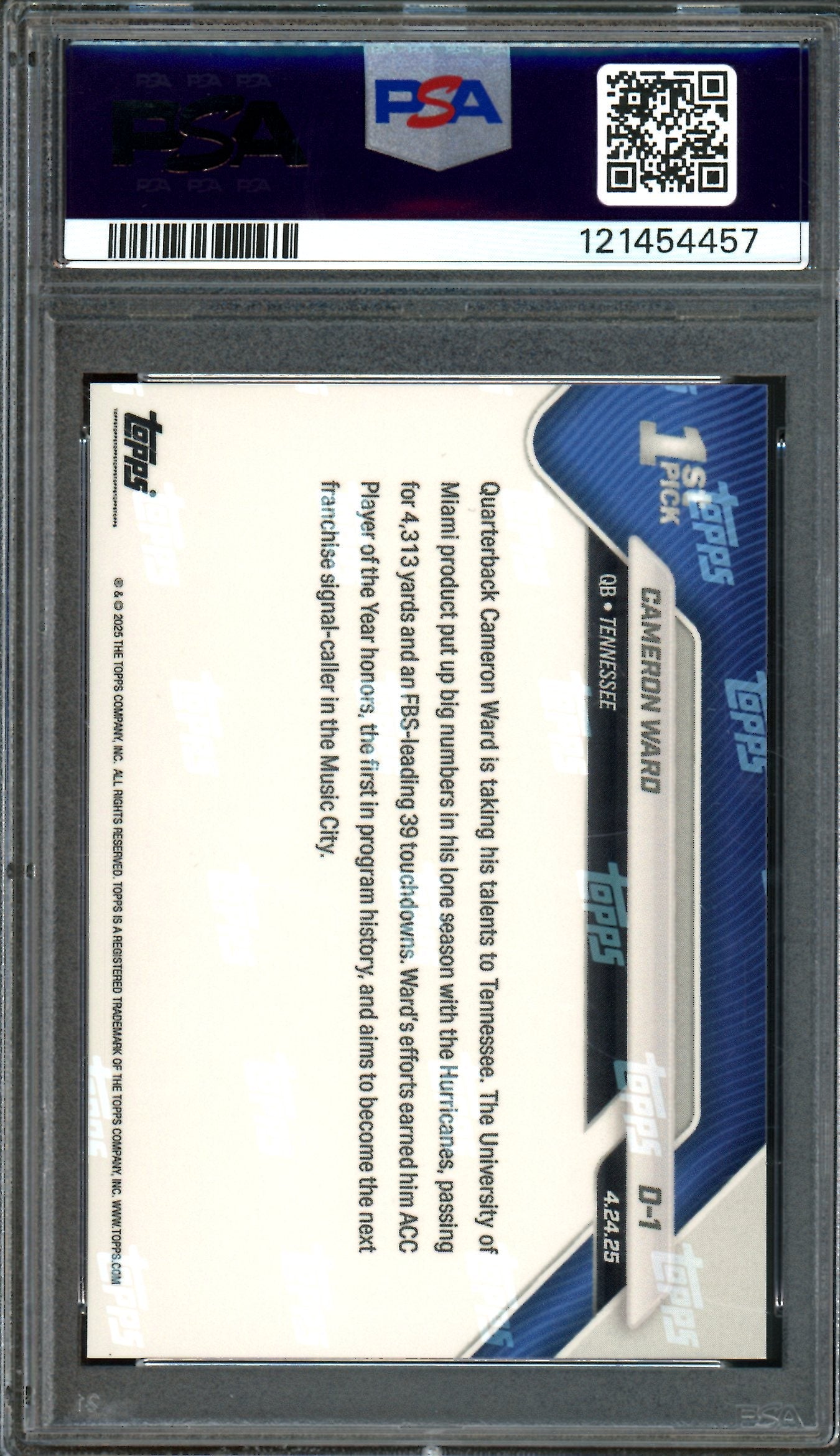 2025 Topps Now Cam Ward 1st Draft Pick Rookie PSA 10 Titans
