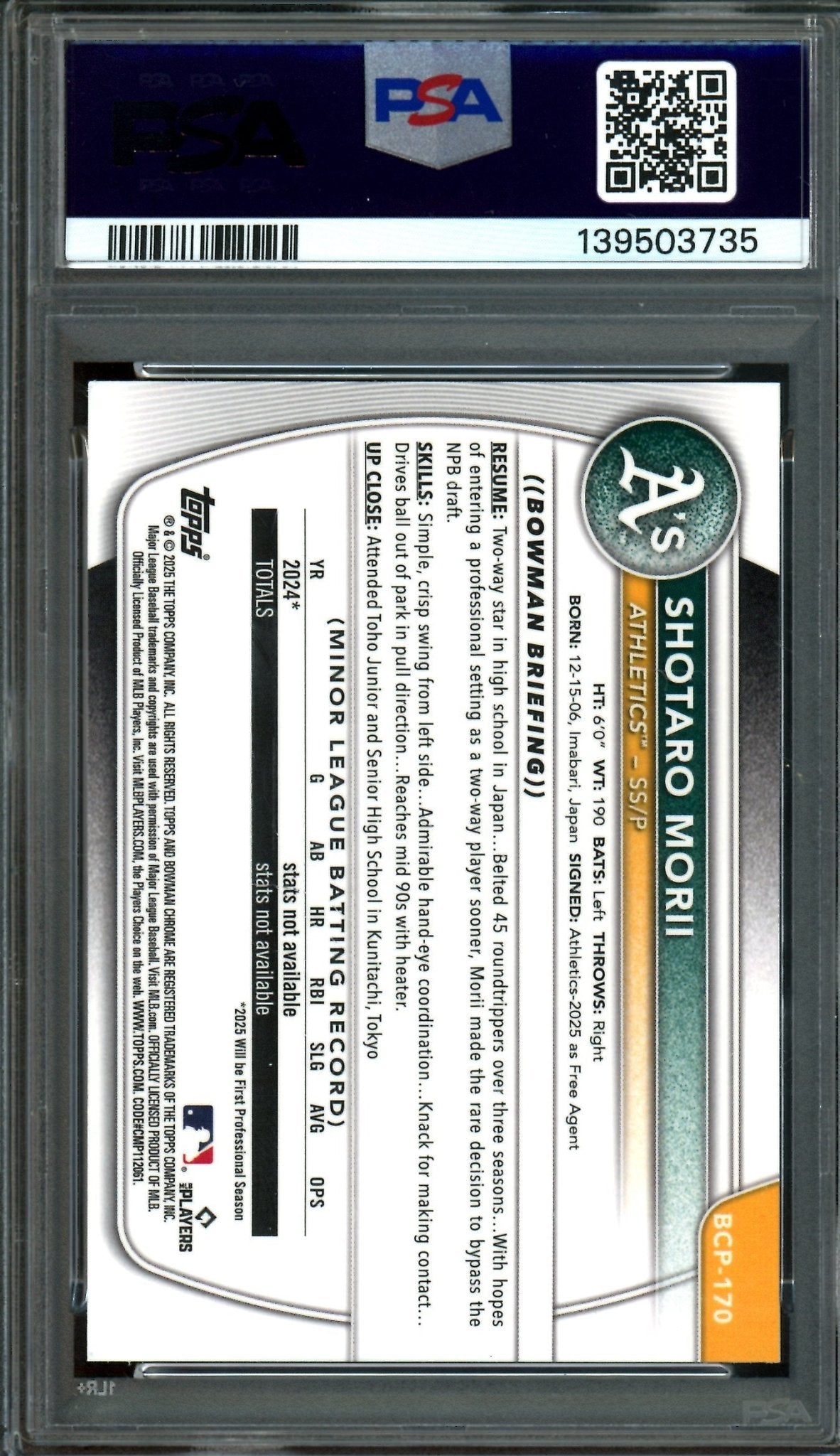 2025 Bowman Chrome Shotaro Morii Fuchsia Shimmer 1st /199 PSA 10 Athletics - Trading Card Market