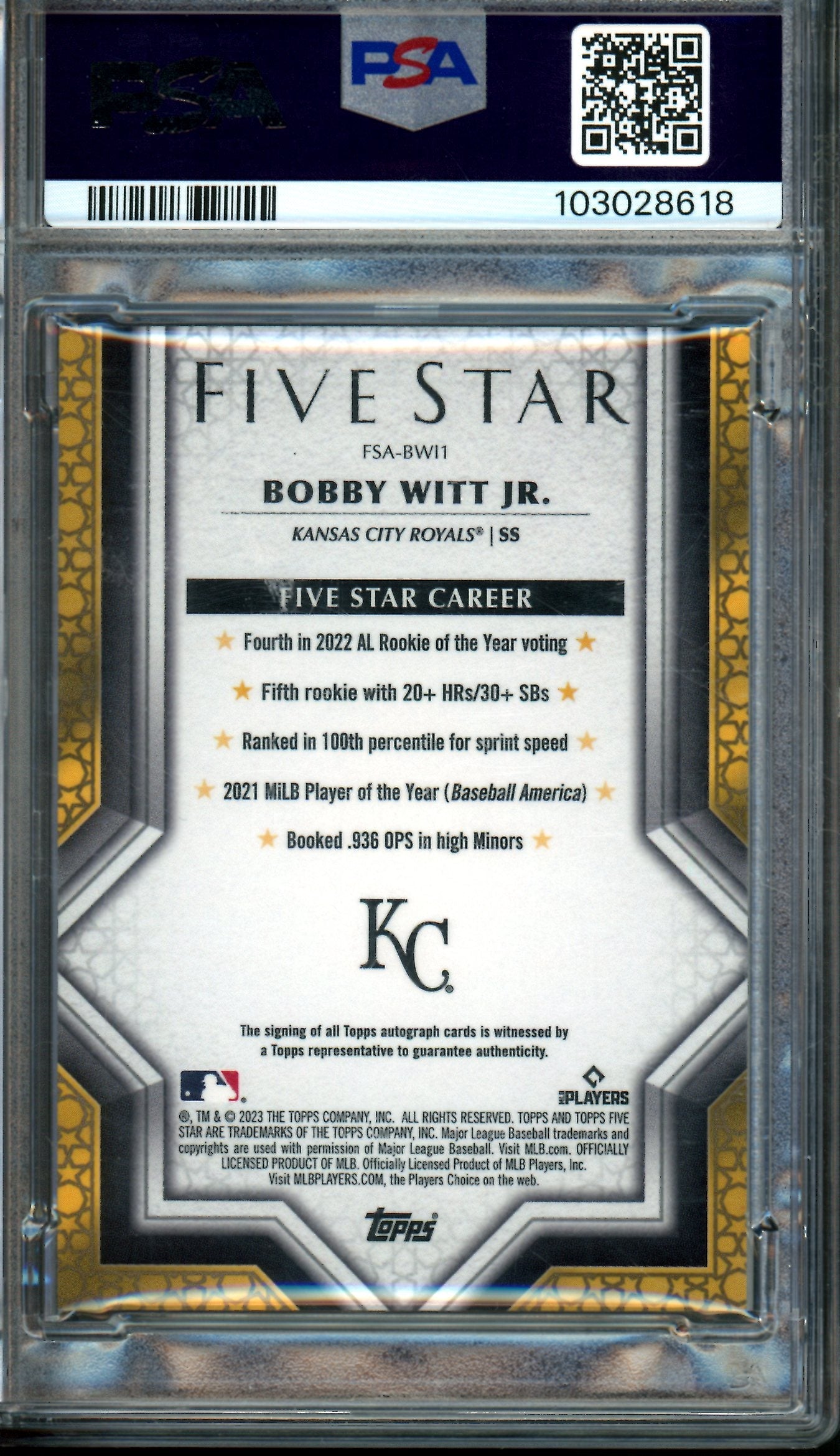2023 Topps Five Star Bobby Witt Jr Autograph Blue /25 PSA 8 Royals