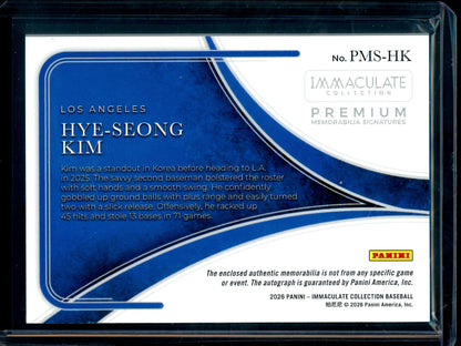2026 Panini Immaculate Hye-Seong Kim Premium Patch Signatures /99 Dodgers