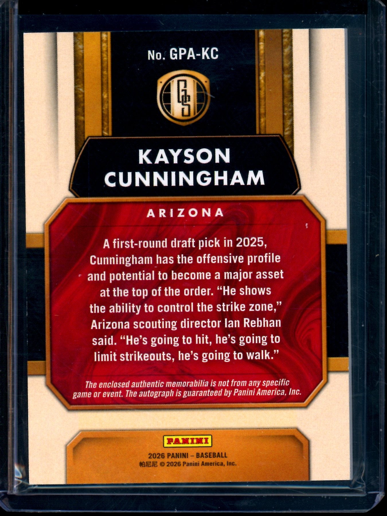 2026 Panini Gold Standard Kayson Cunningham Patch Autograph /99 Diamondbacks (A)