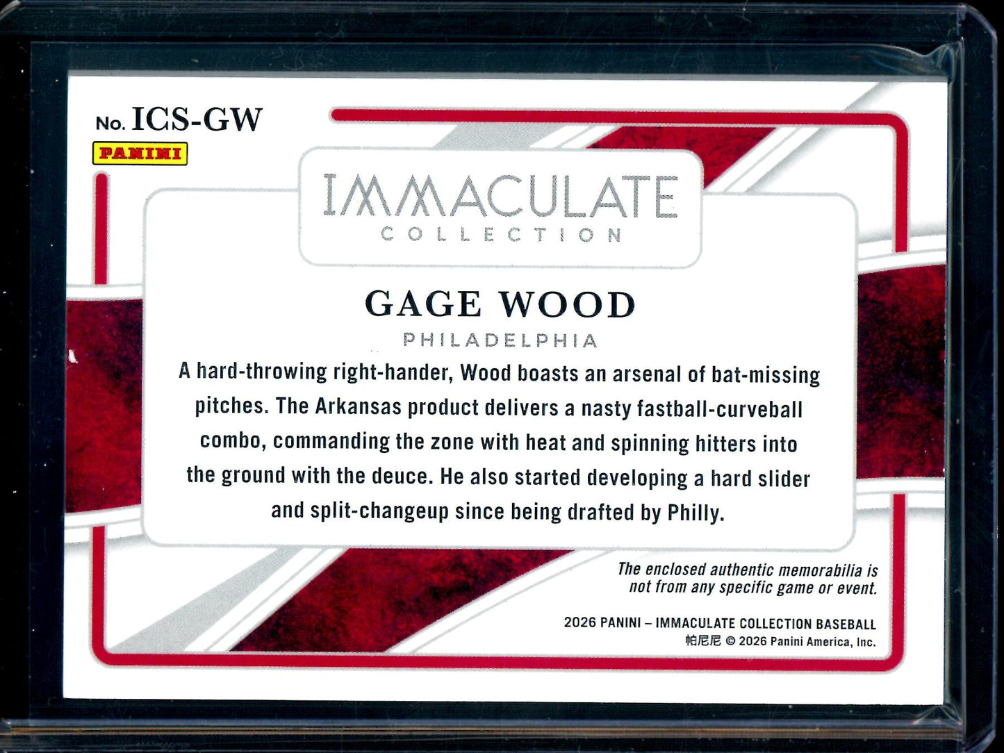 2026 Panini Immaculate Gage Wood Swatches Jersey Relic /25 Phillies