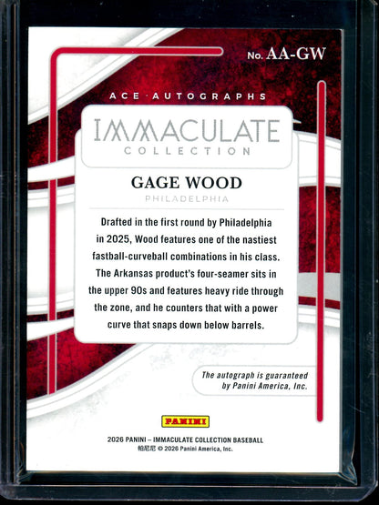 2026 Panini Immaculate Gage Wood Ace Autographs Red /75 Phillies