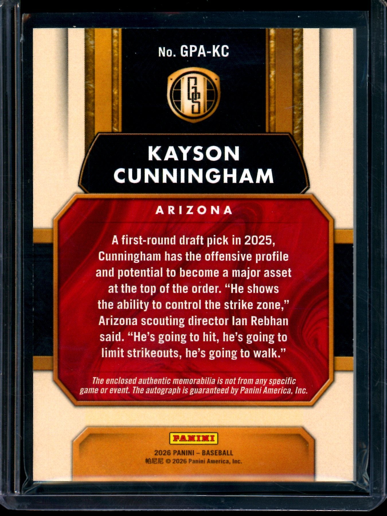2026 Panini Gold Standard Kayson Cunningham Patch Autograph /99 Diamondbacks (B)