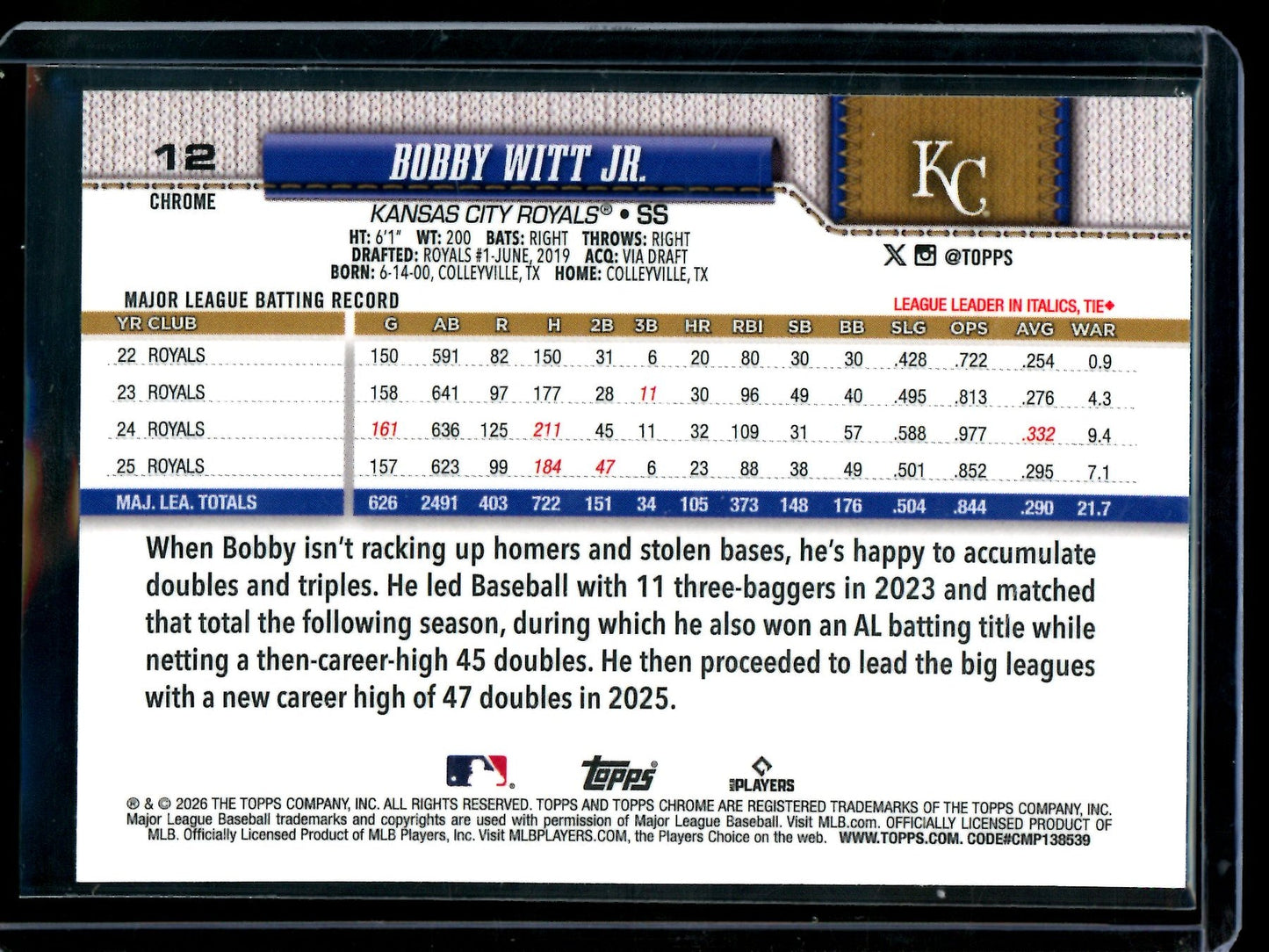 2026 Topps Chrome Bobby Witt Jr Green Raywave Refractor /99 Royals