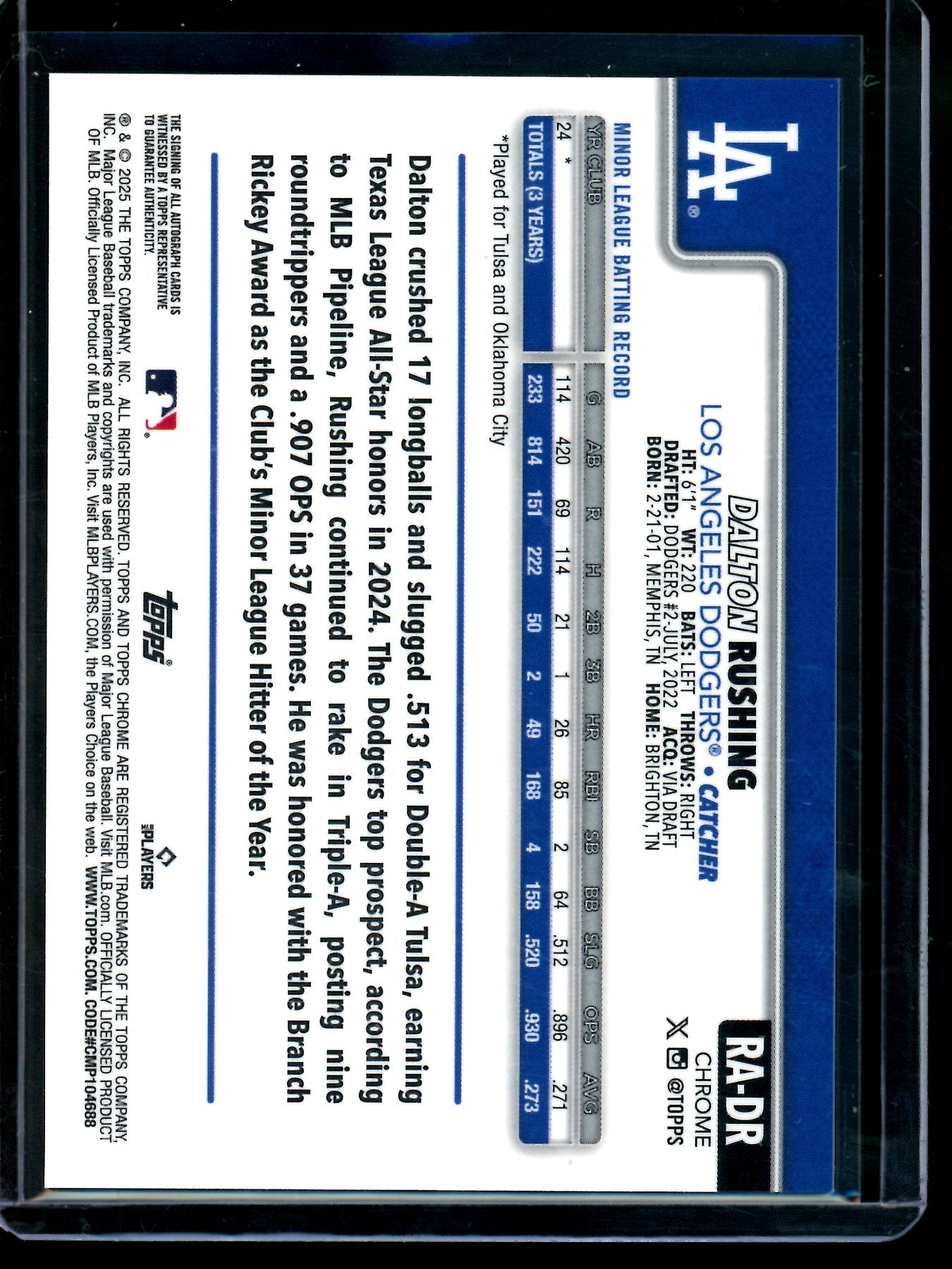 2025 Topps Chrome Dalton Rushing Aqua Wave Refractor Autograph /199 Dodgers