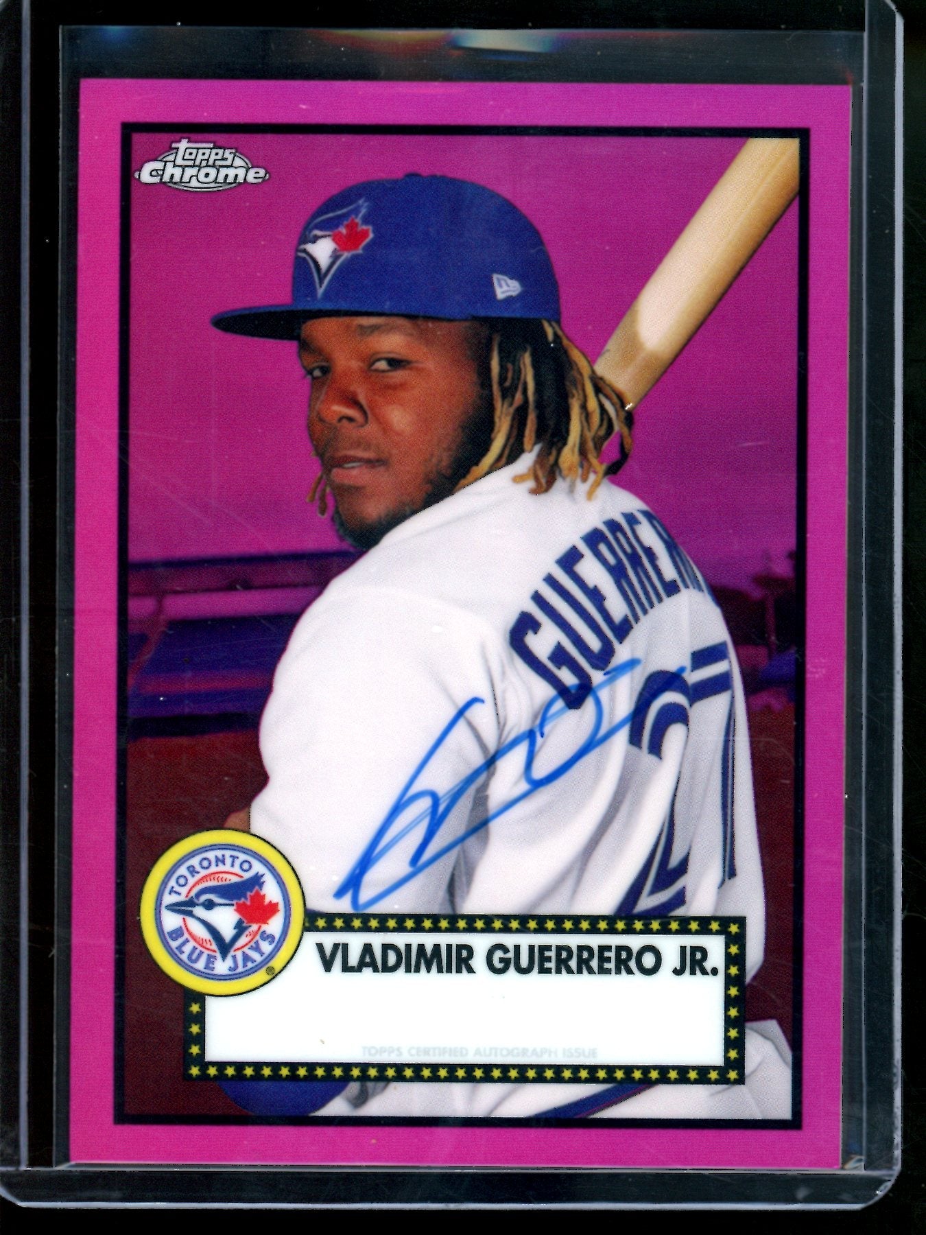 2021 Topps Platinum Anniversary Vladimir Guerrero Jr Pink Refractor Autograph /15 Blue Jays (Surface Scratches)