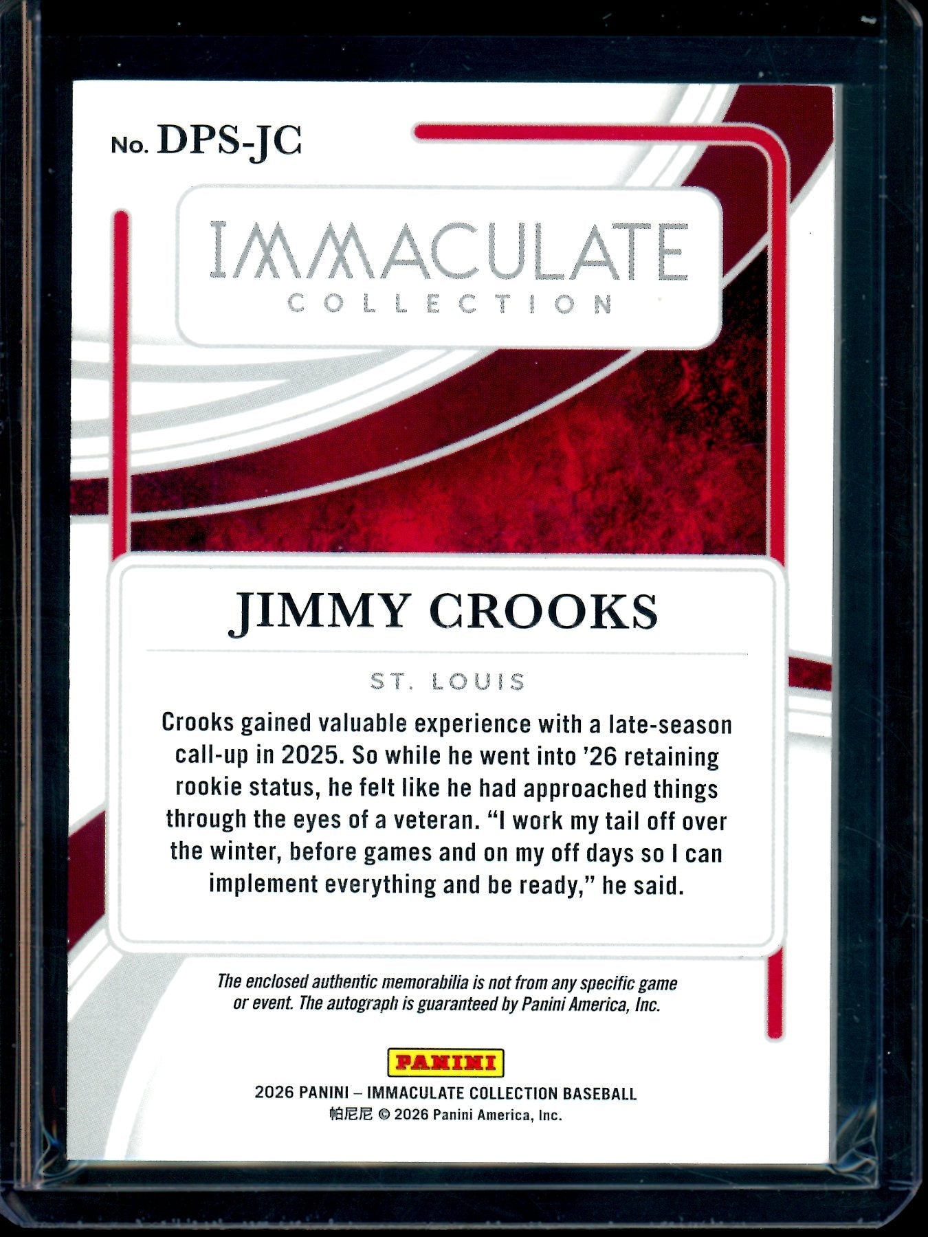 2026 Panini Immaculate Jimmy Crooks Dual Patch Rookie Autograph Red /49 Cardinals