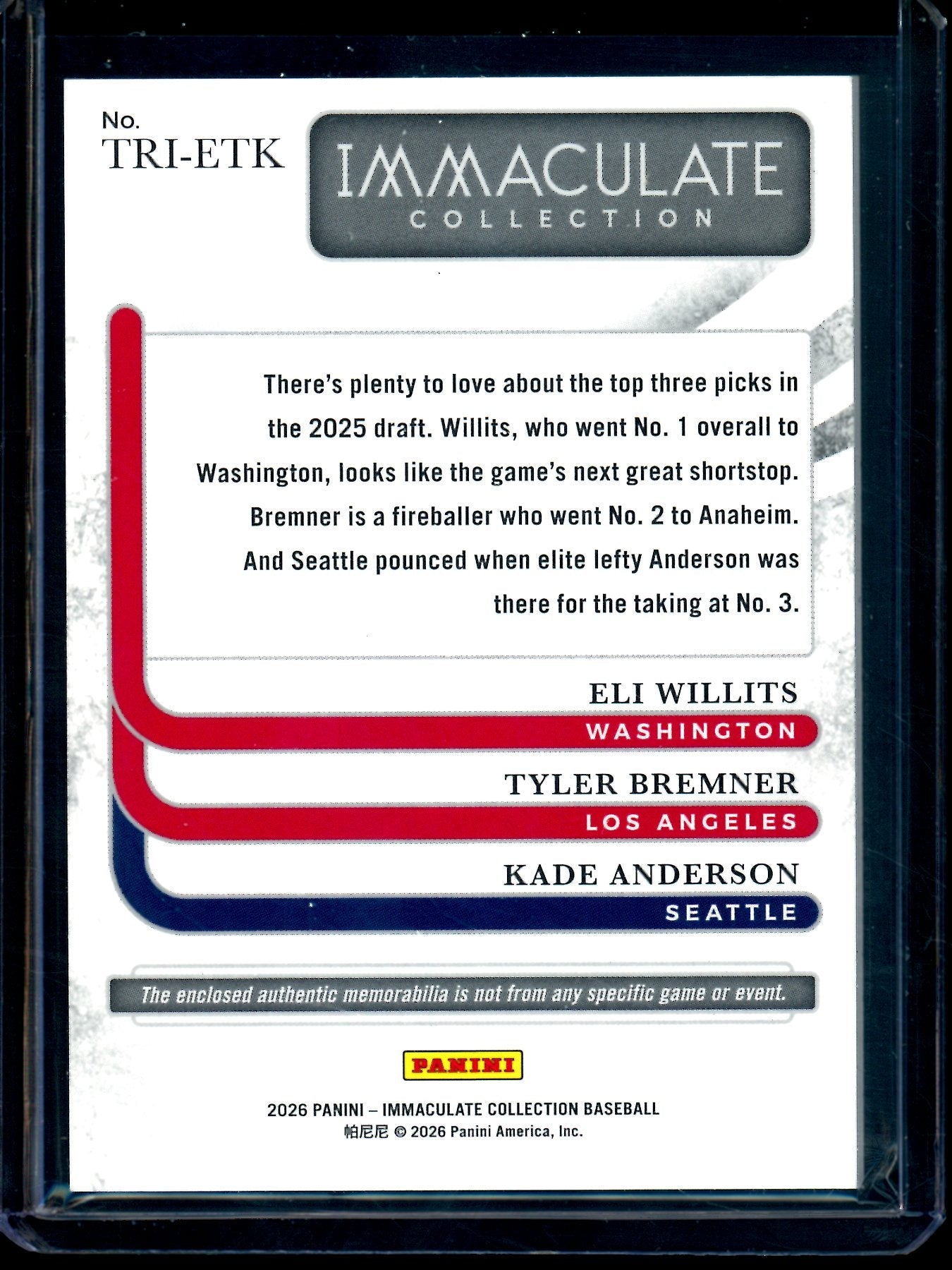 2026 Panini Immaculate Eli Willits / Tyler Bremner / Kade Anderson Trio Jersey Relic Gold /10