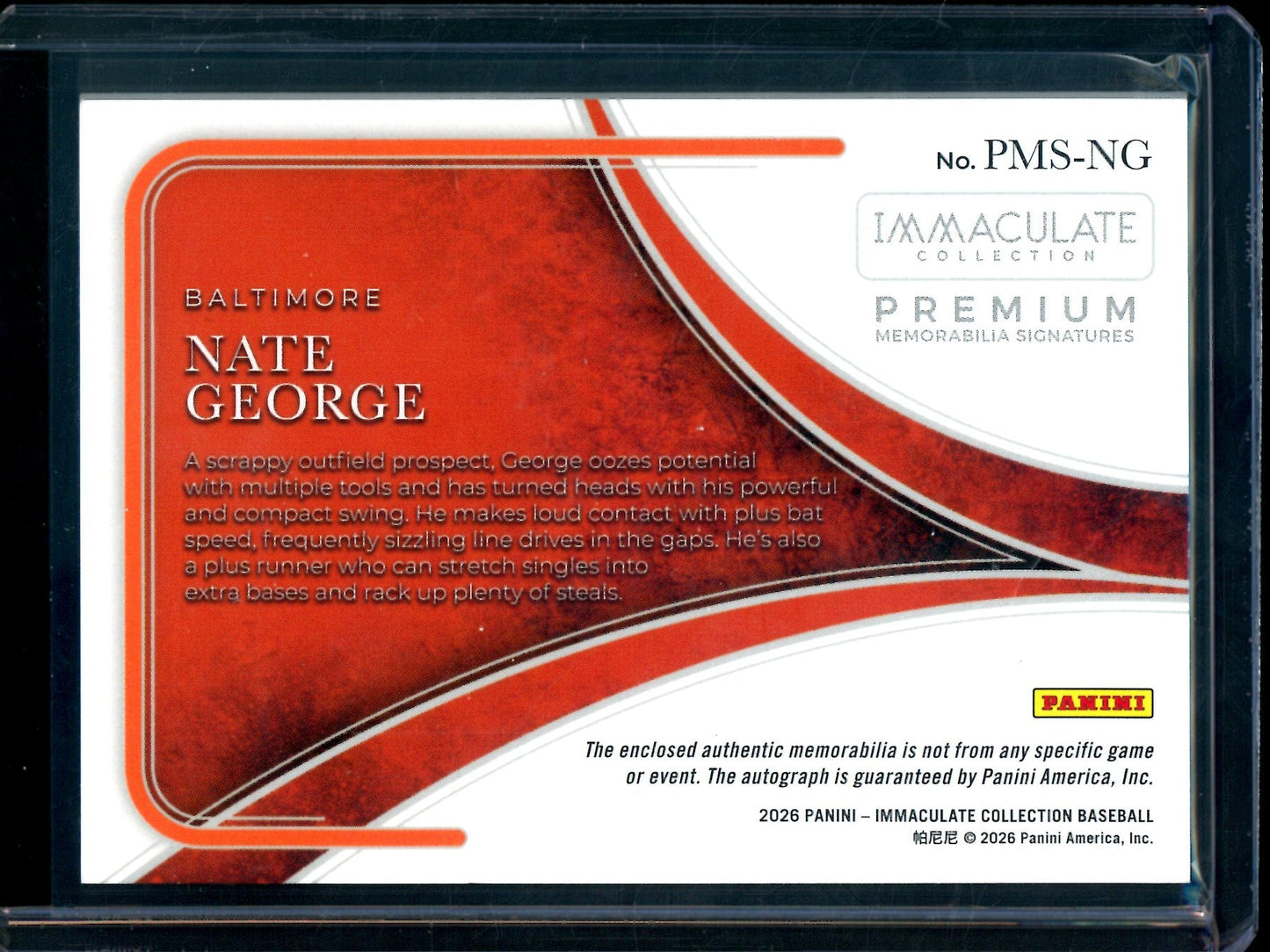 2026 Panini Immaculate Nate George Premium Patch Autograph /25 Orioles
