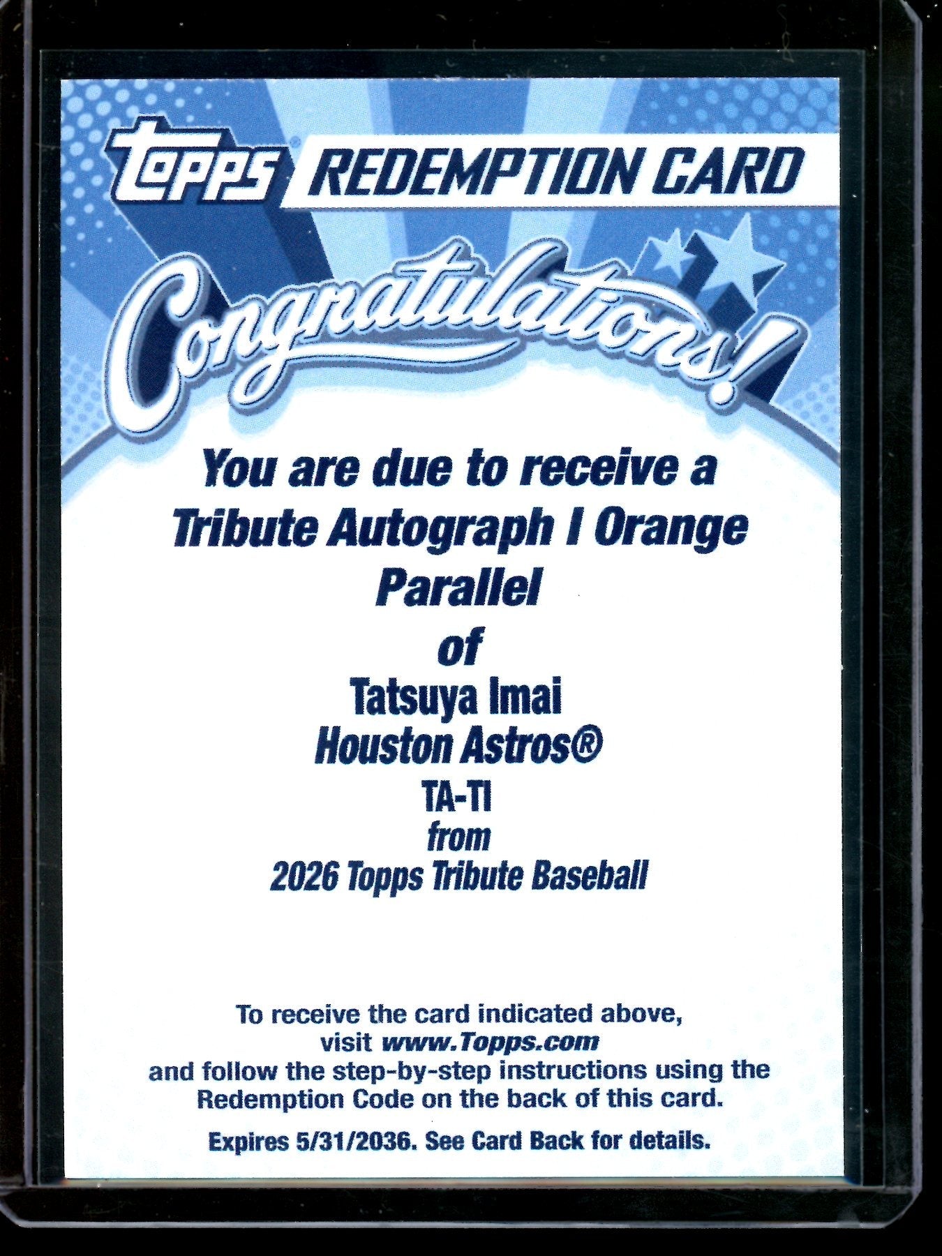 2026 Topps Tribute Tatsuya Imai Orange Rookie Autograph /25 Astros
