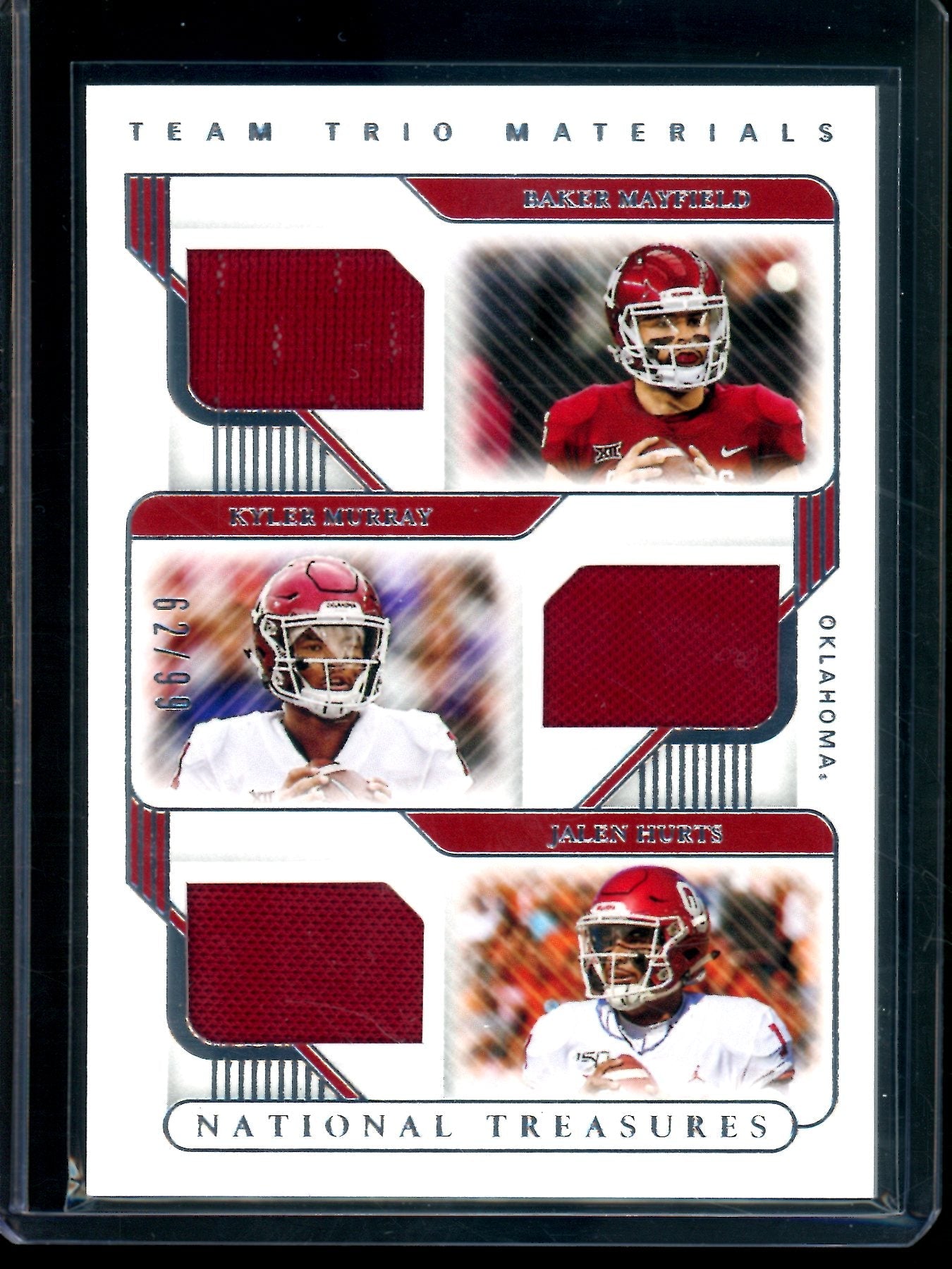 2021 Panini National Treasures Collegiate Mayfield / Murray / Hurts Team Trio Materials Relic /99 Sooners