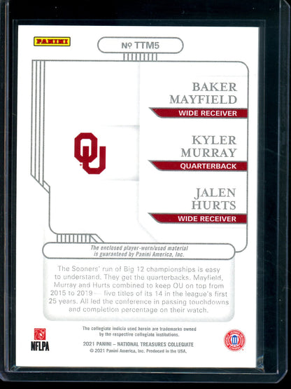 2021 Panini National Treasures Collegiate Mayfield / Murray / Hurts Team Trio Materials Relic /99 Sooners
