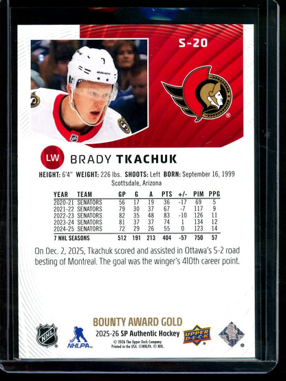 2026 Upper Deck SP Authentic Brady Tkachuk Spectrum FX /50 Senators