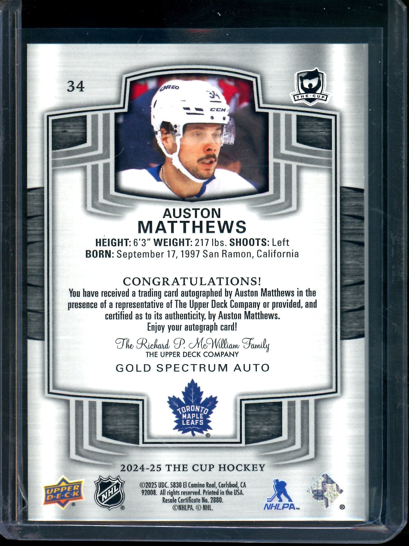2025 Upper Deck The Cup Auston Matthews Gold Spectrum Autograph /12 Maple Leafs
