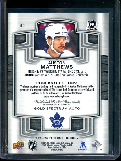 2025 Upper Deck The Cup Auston Matthews Gold Spectrum Autograph /12 Maple Leafs
