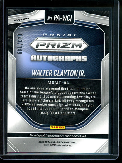 2026 Panini Prizm Walter Clayton Jr Orange Pulse Rookie Autograph /149 Grizzlies
