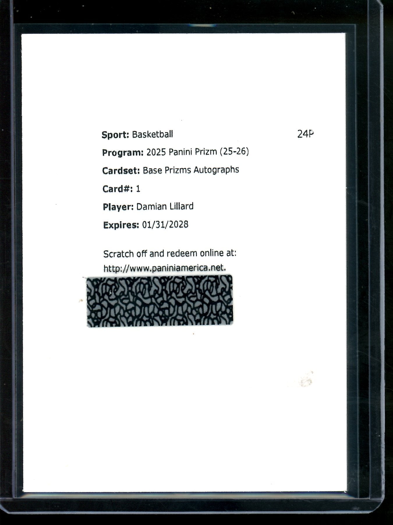 2025 Panini Prizm Damian Lillard Autograph Redemption Trailblazers