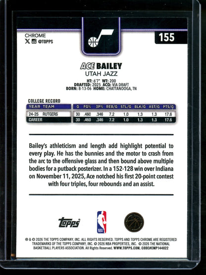 2026 Topps Chrome Update Ace Bailey Aqua Wave Rookie Refractor /199 Jazz