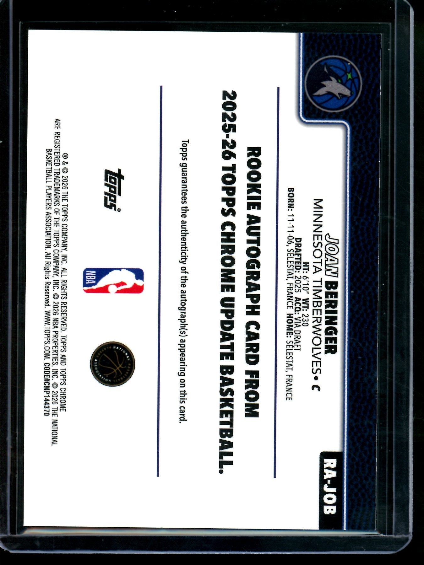 2026 Topps Chrome Joan Beringer Rookie Autograph Lava Lamp /125 Timberwolves