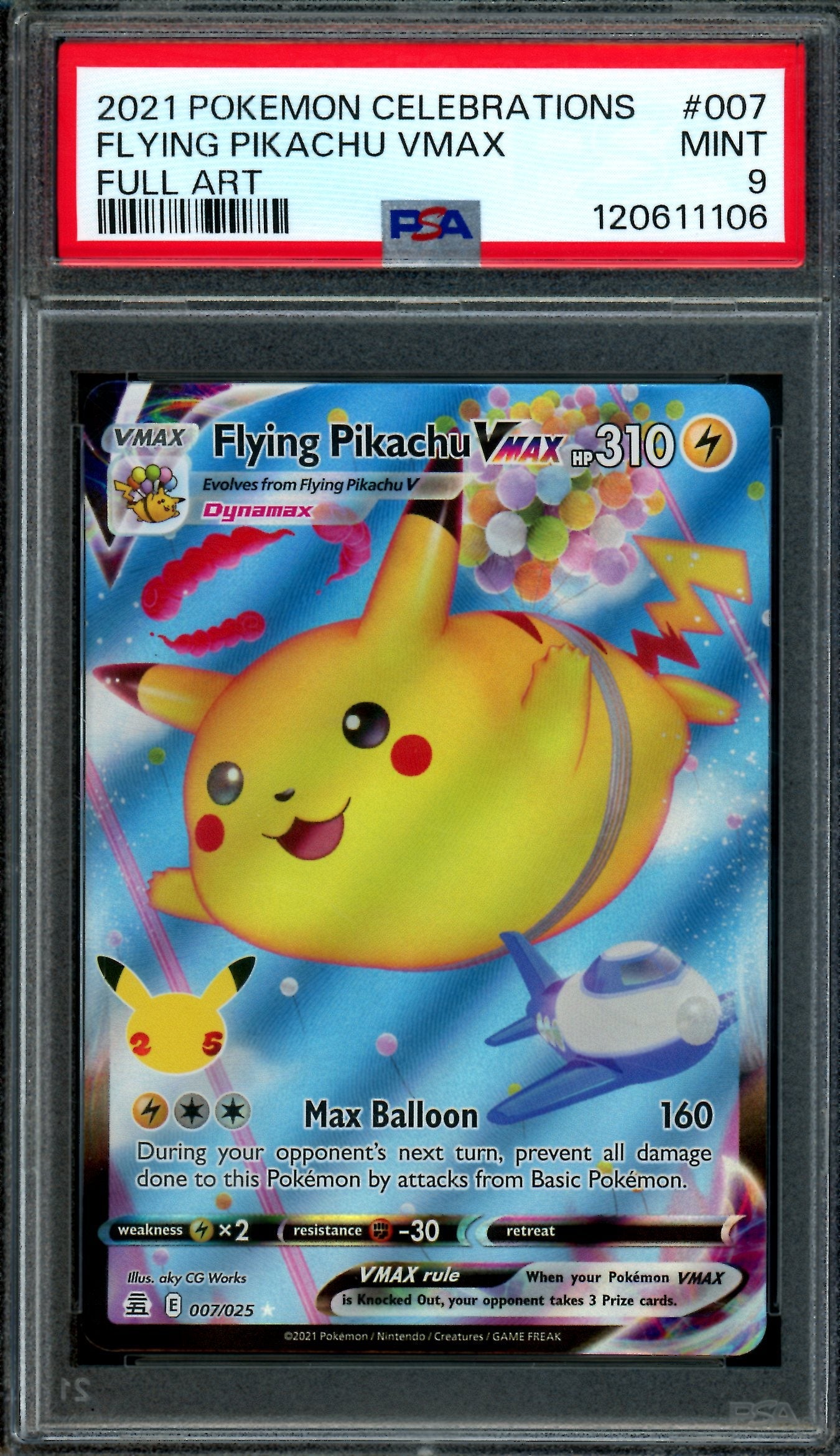 2021 Pokemon Celebrations Flying Pikachu VMAX 007/025 PSA 9