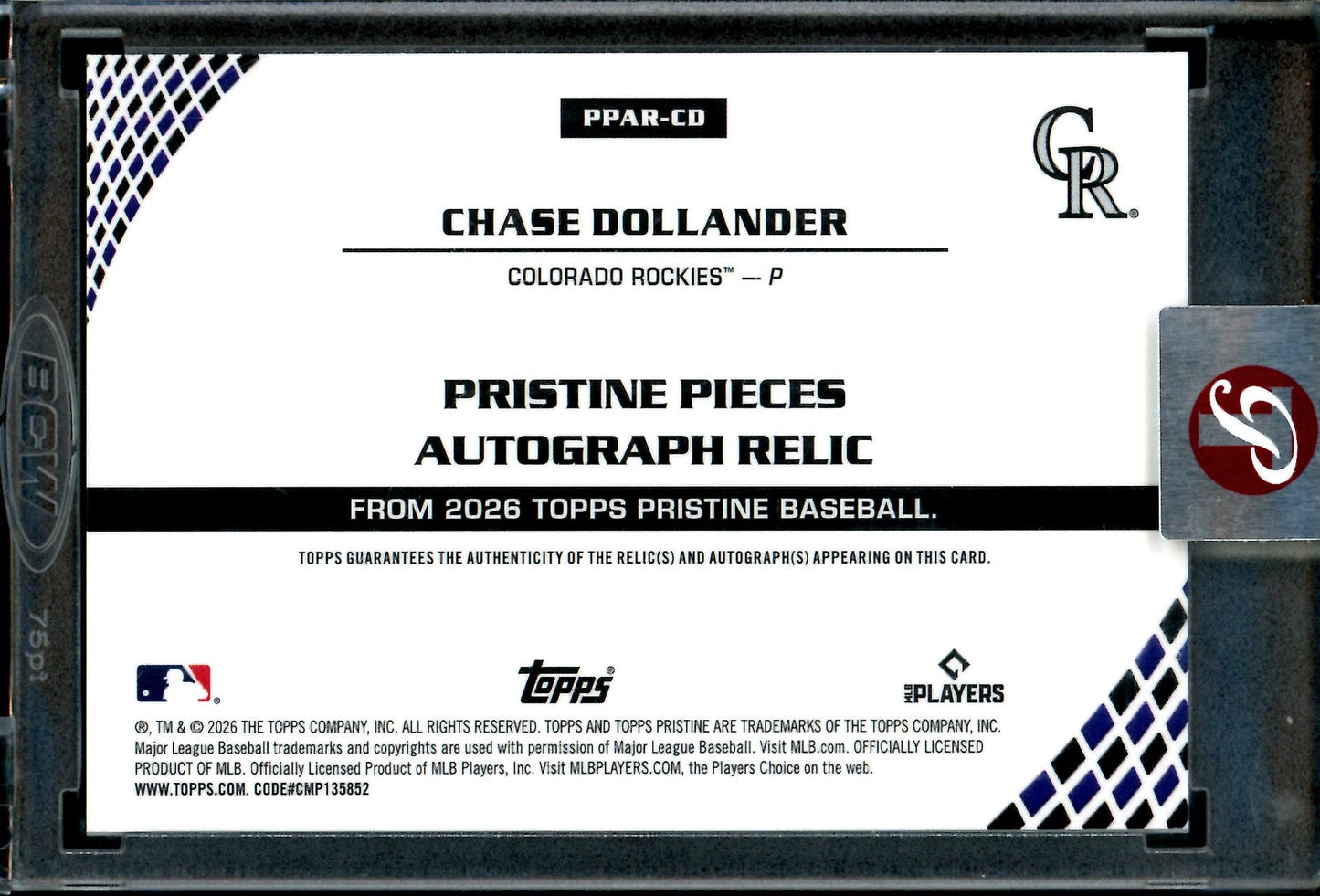 2026 Topps Pristine Chase Dollander Encased Rookie Patch Autograph Rockies