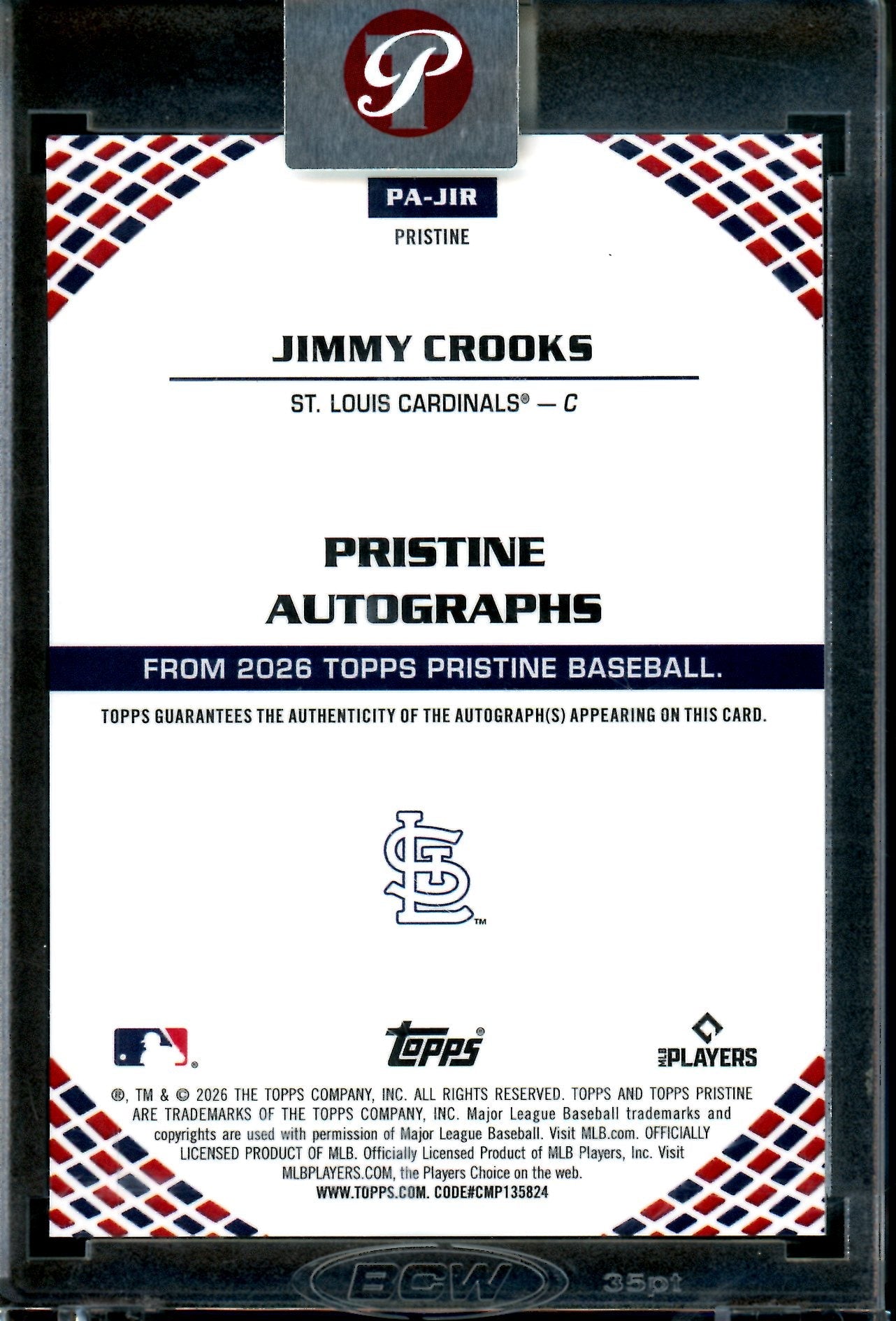2026 Topps Pristine Jimmy Crooks Encased Rookie Autograph Cardinals