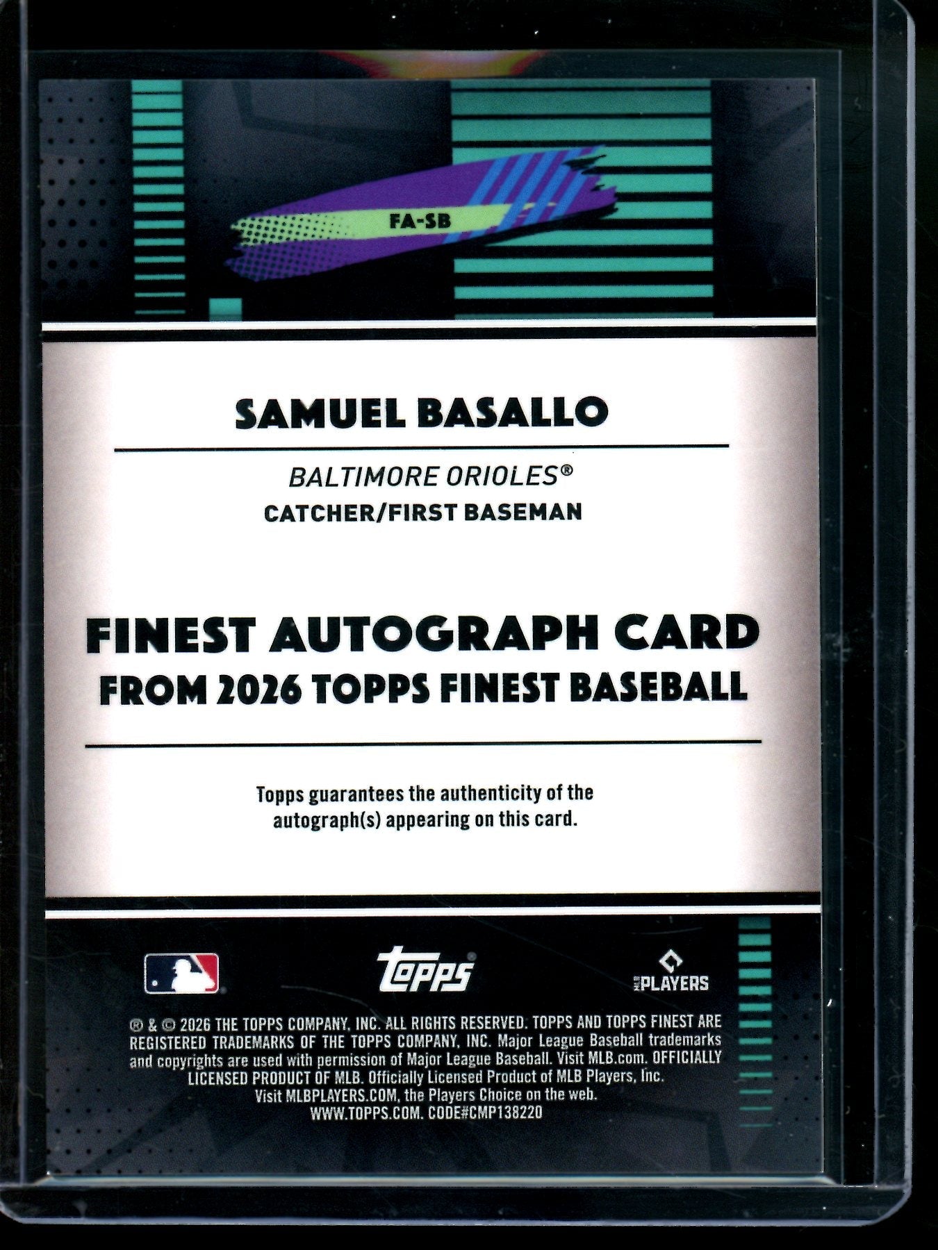 2026 Topps Finest Samuel Basallo Purple Rookie Autograph Refractor /75 Orioles