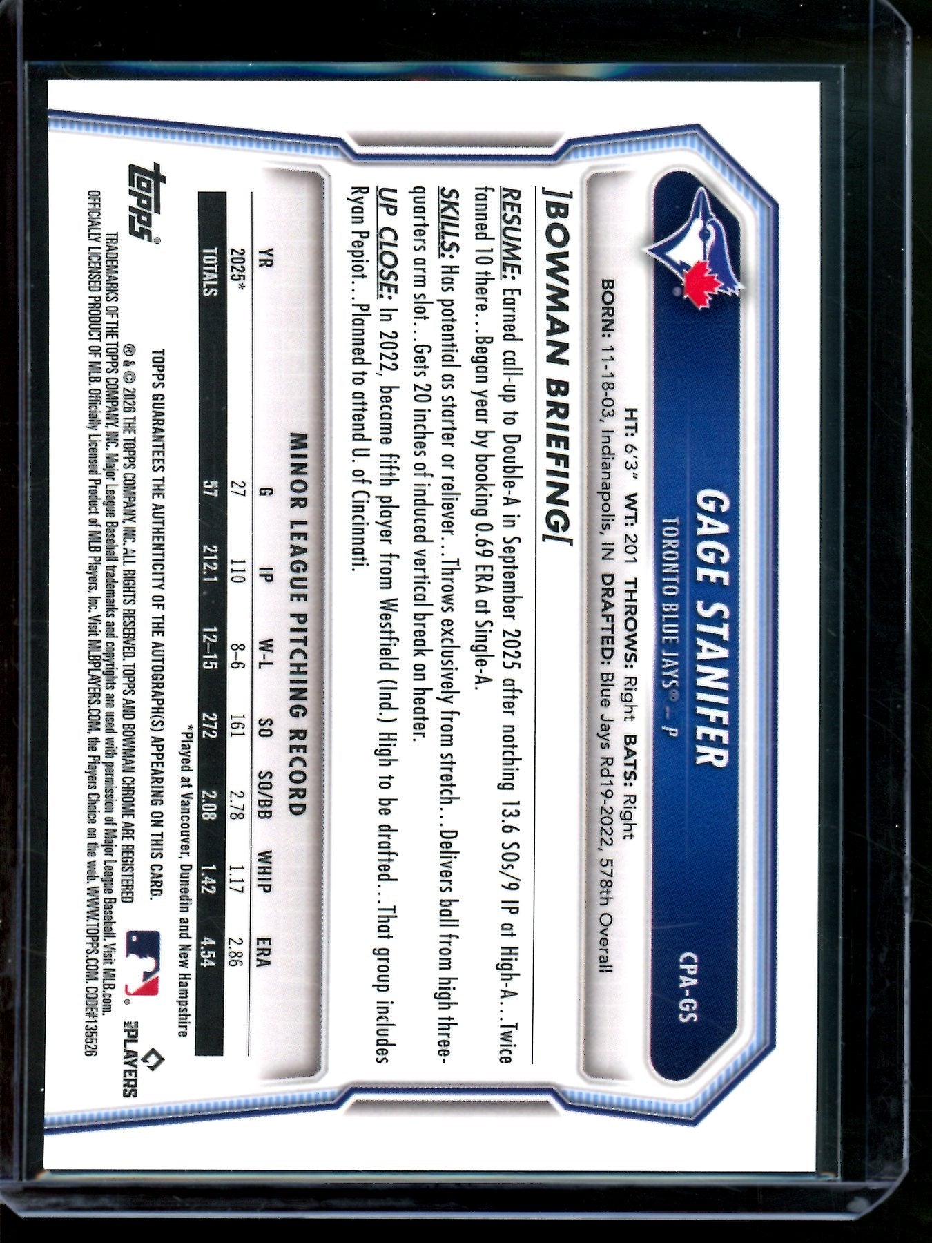 2026 Bowman Chrome Gage Stanifer 1st Purple Refractor Autograph /250 Blue Jays