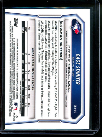 2026 Bowman Chrome Gage Stanifer 1st Purple Refractor Autograph /250 Blue Jays