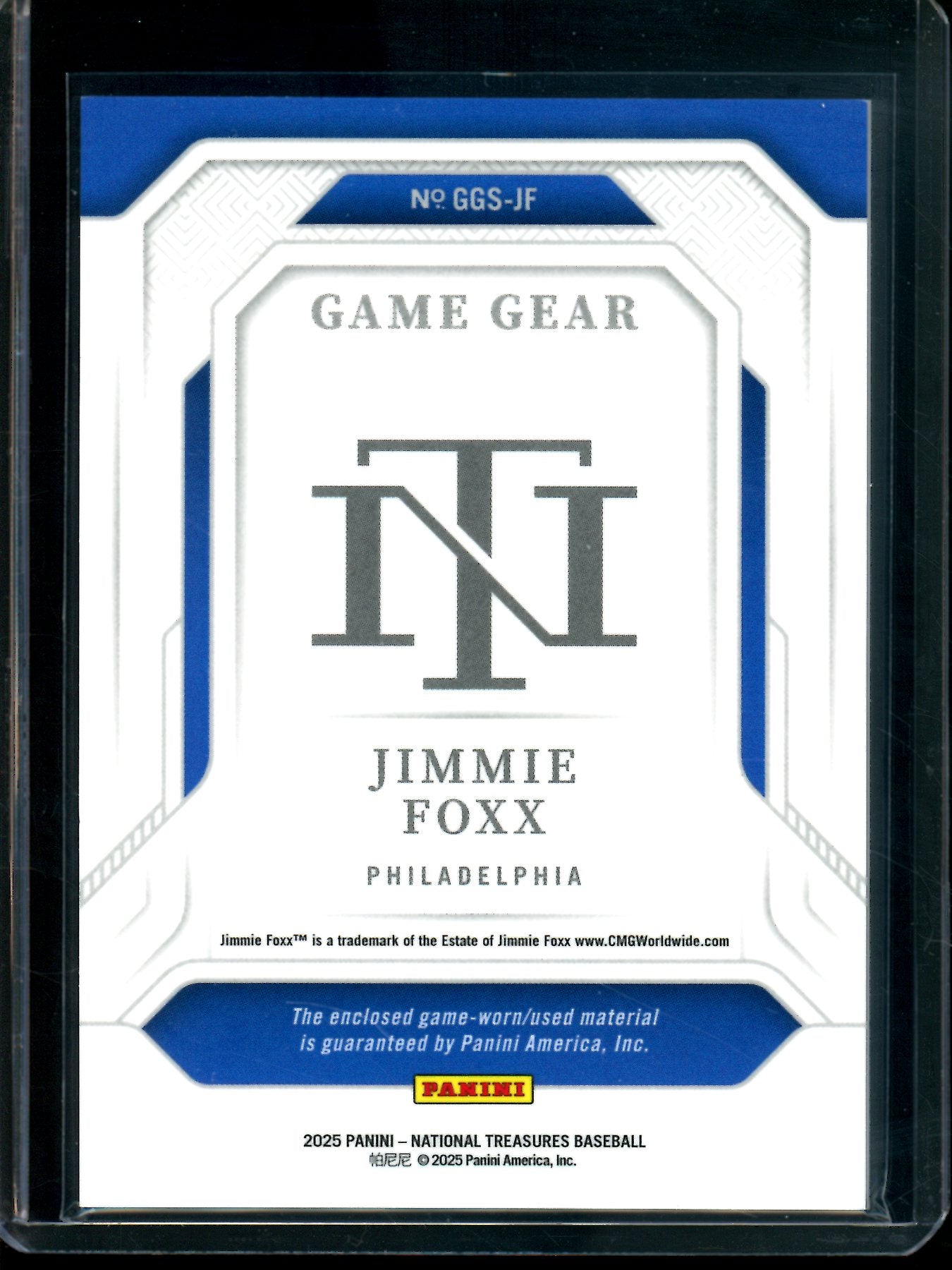 2025 Panini National Treasures Jimmie Foxx Game Gear Bat Relic /99 Phillies