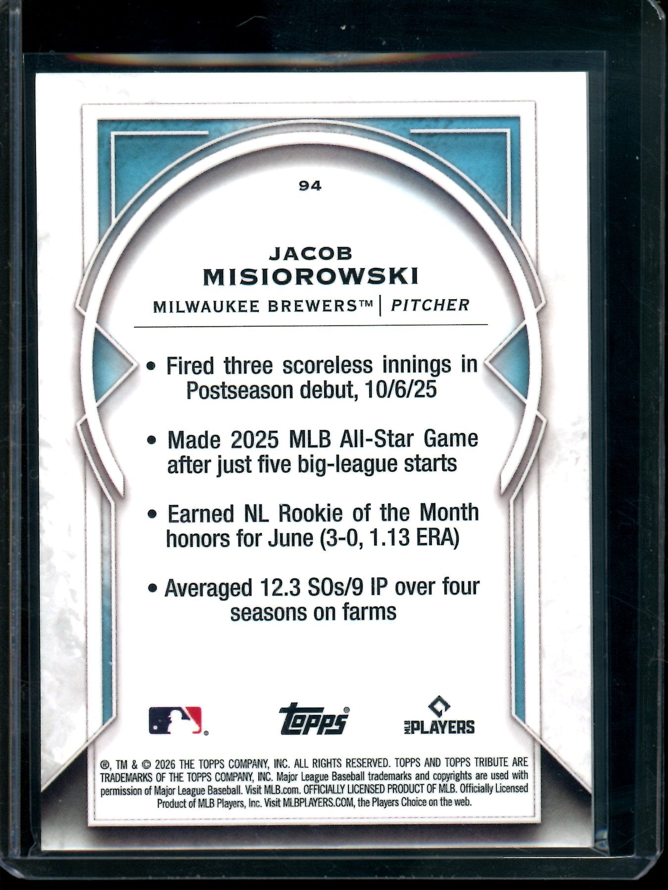 2026 Topps Tribute Jacob Misiorowski Rookie Green /99 Brewers