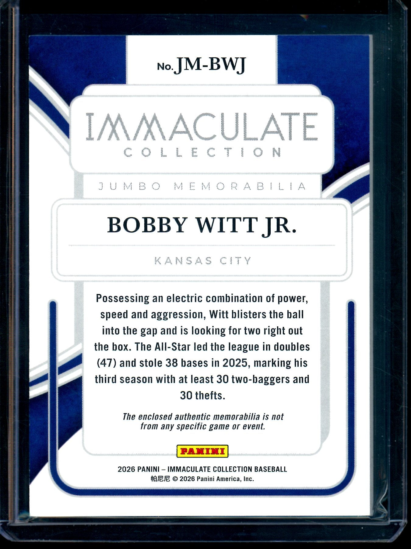 2026 Panini Immaculate Bobby Witt Jr. Jumbo Memorabilia /25 Royals