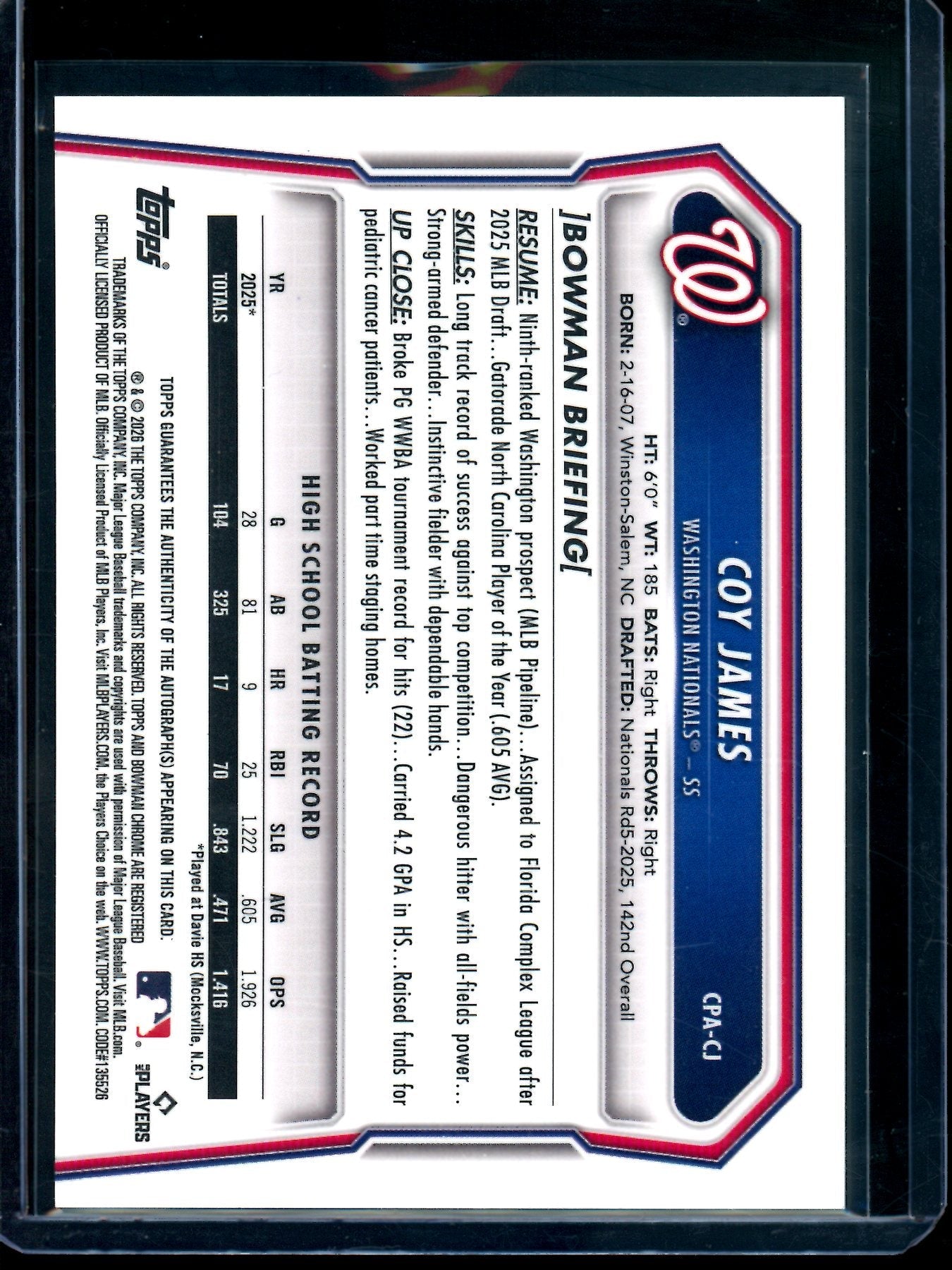 2026 Bowman Chrome Coy James 1st Autograph Nationals