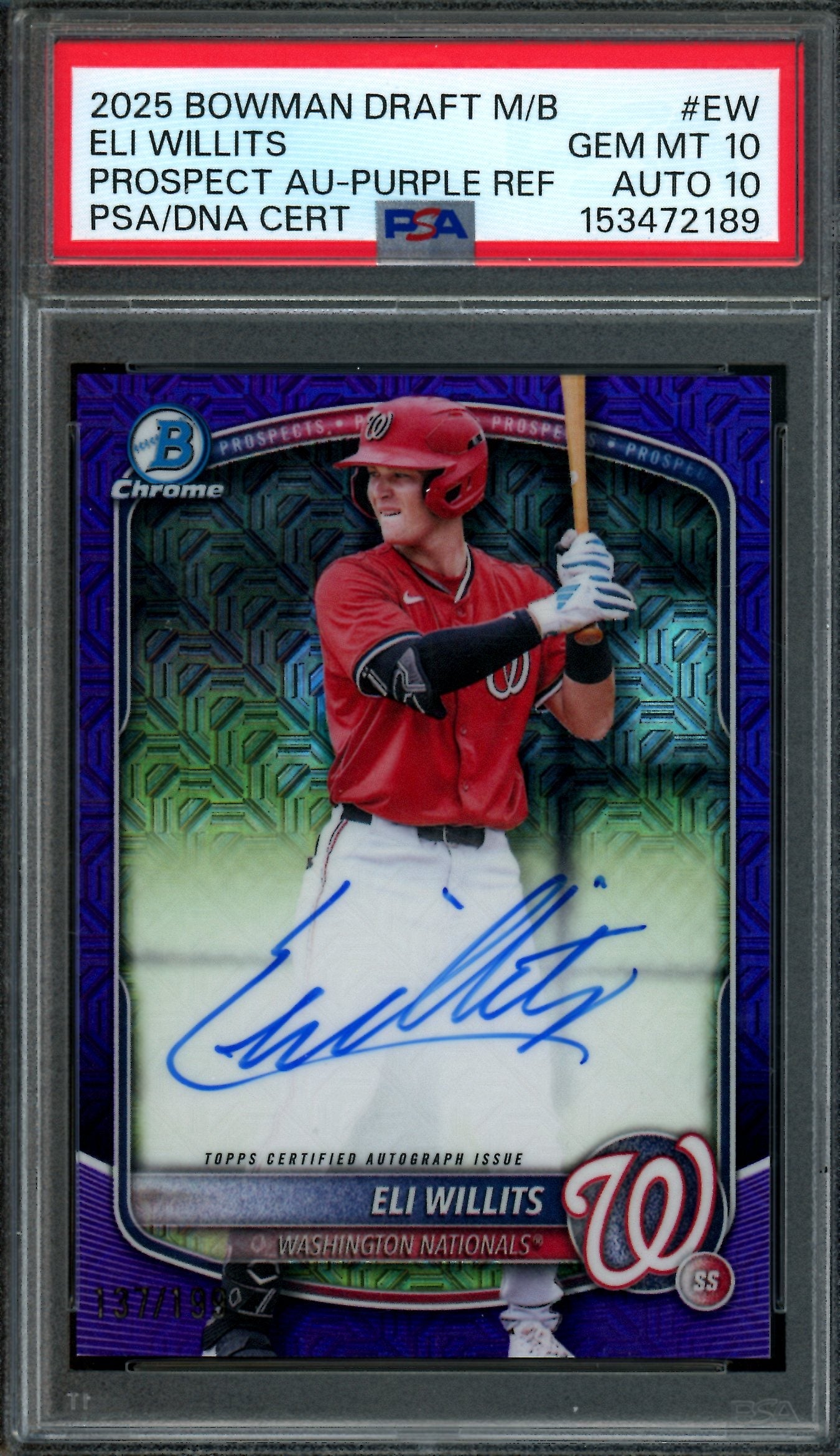 2025 Bowman Draft Eli Willits Prospect Autograph Purple Mojo /199 PSA 10 Nationals