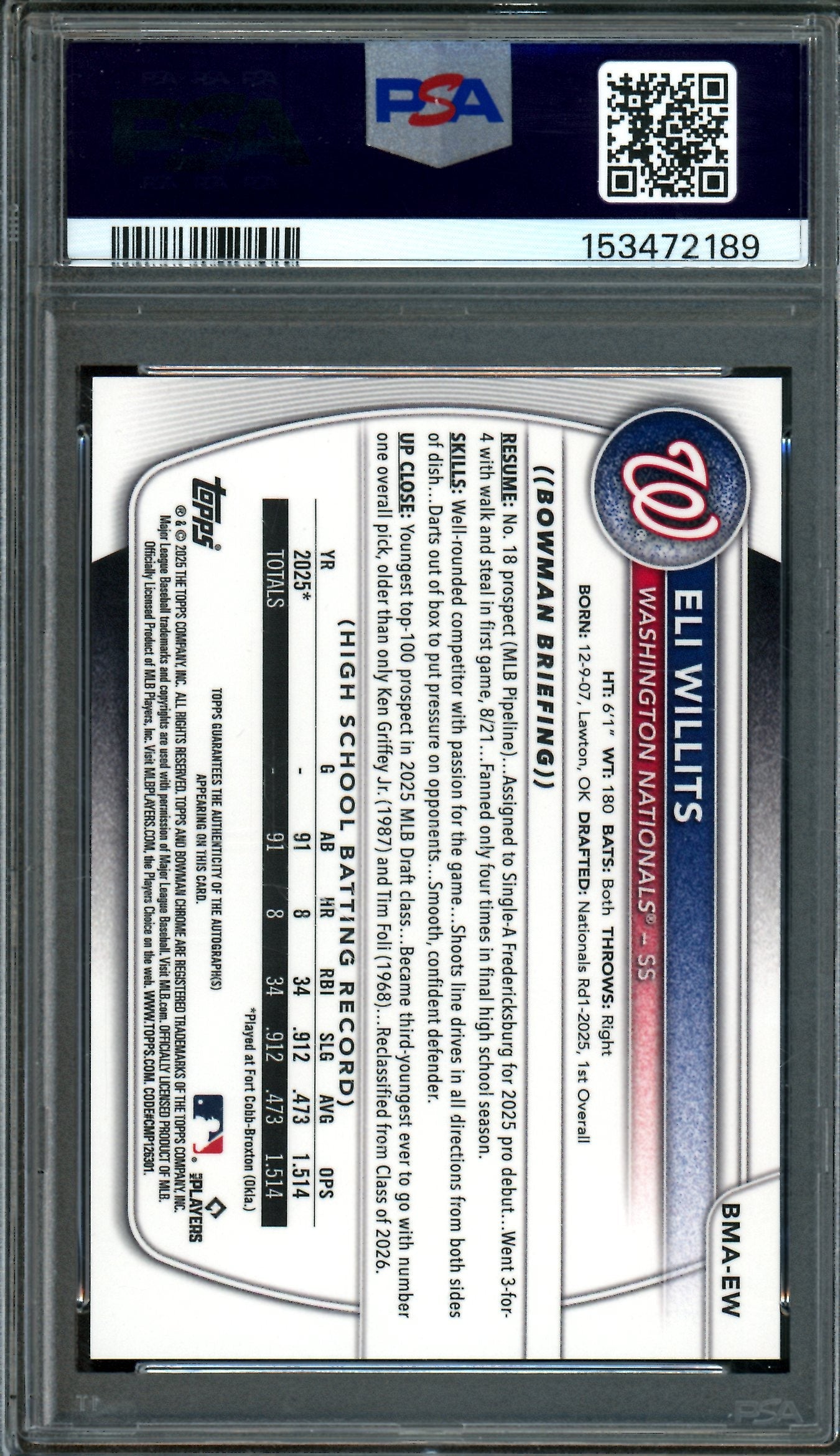 2025 Bowman Draft Eli Willits Prospect Autograph Purple Mojo /199 PSA 10 Nationals