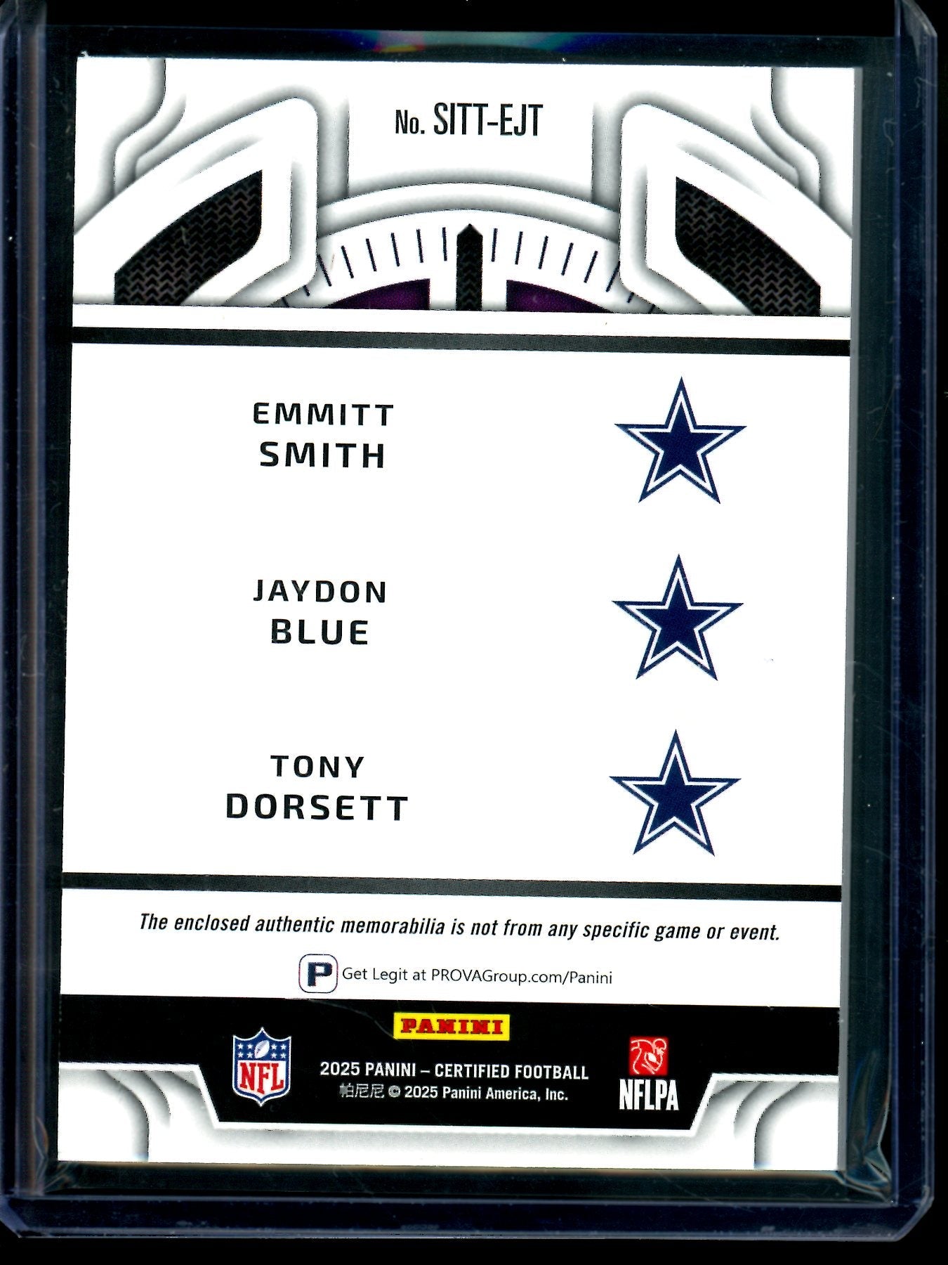 2025 Panini Certified Emmitt Smith / Jaydon Blue / Tony Dorsett Stitches In Time Triple Relic /25 Cowboys