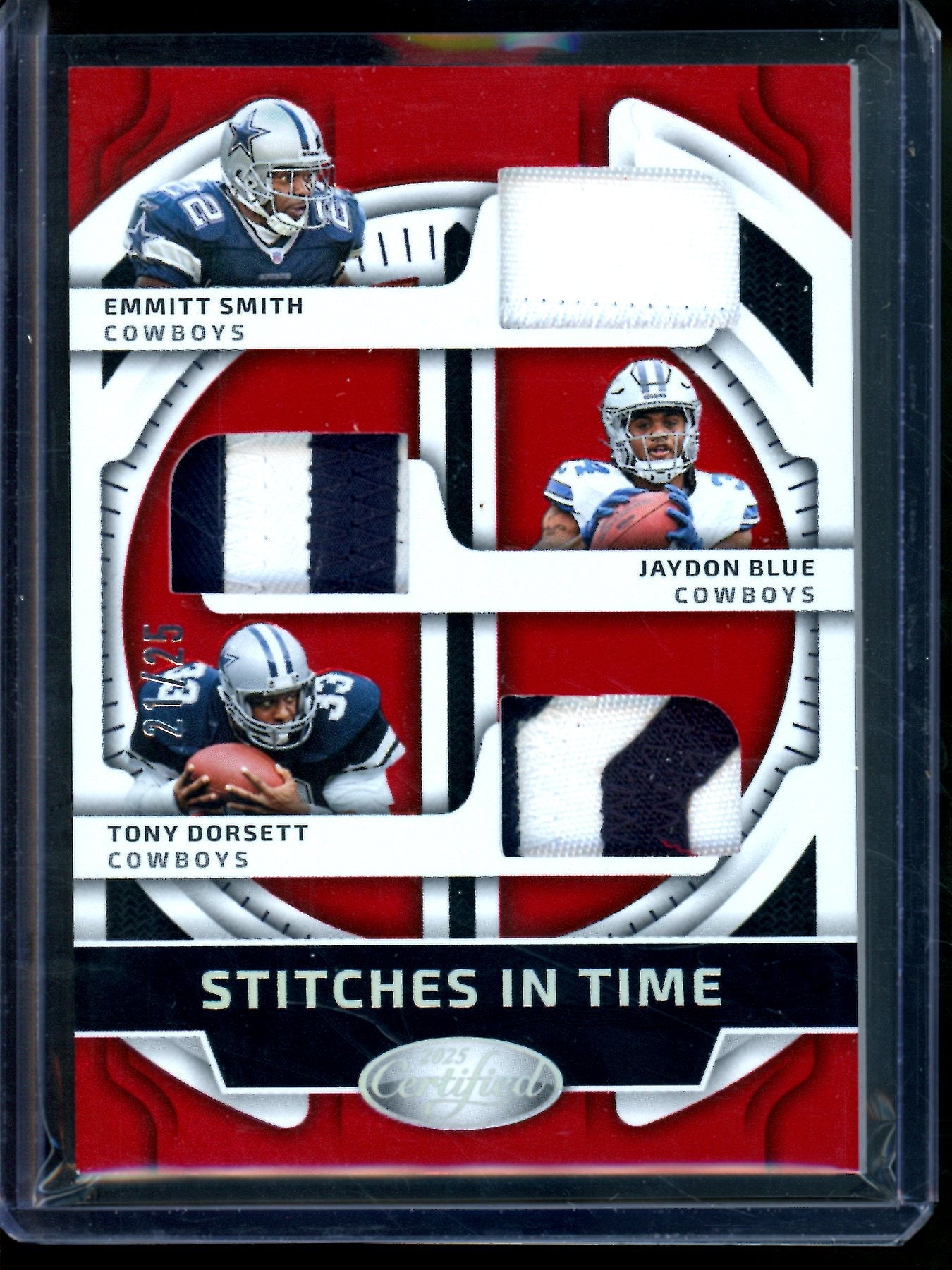 2025 Panini Certified Emmitt Smith / Jaydon Blue / Tony Dorsett Stitches In Time Triple Relic /25 Cowboys