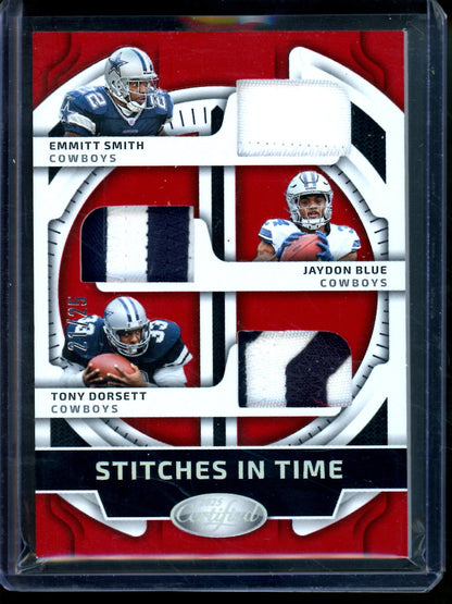 2025 Panini Certified Emmitt Smith / Jaydon Blue / Tony Dorsett Stitches In Time Triple Relic /25 Cowboys