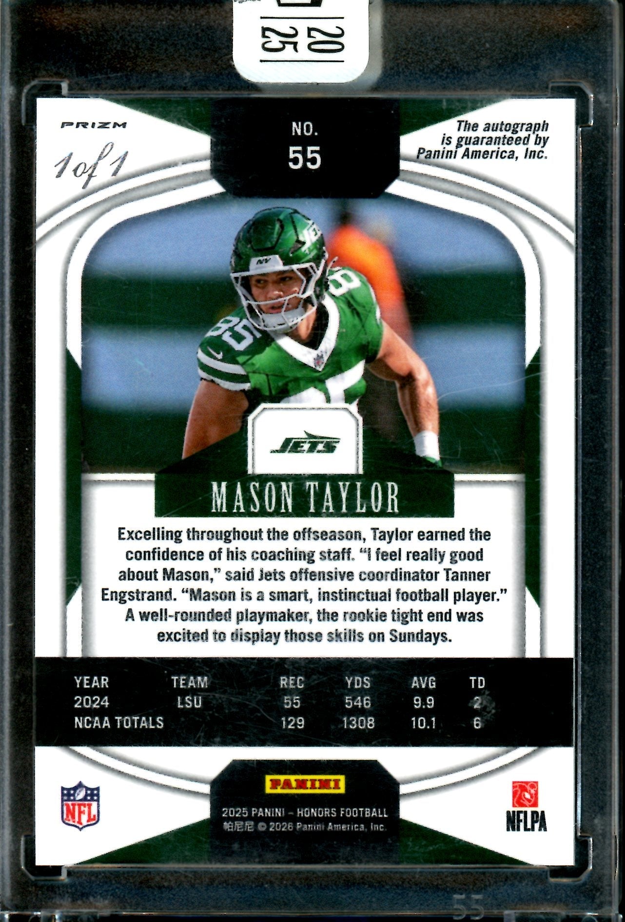 2025 Panini Honors Mason Taylor 1/1 Rookie Cracked Ice Autograph Encased Jets