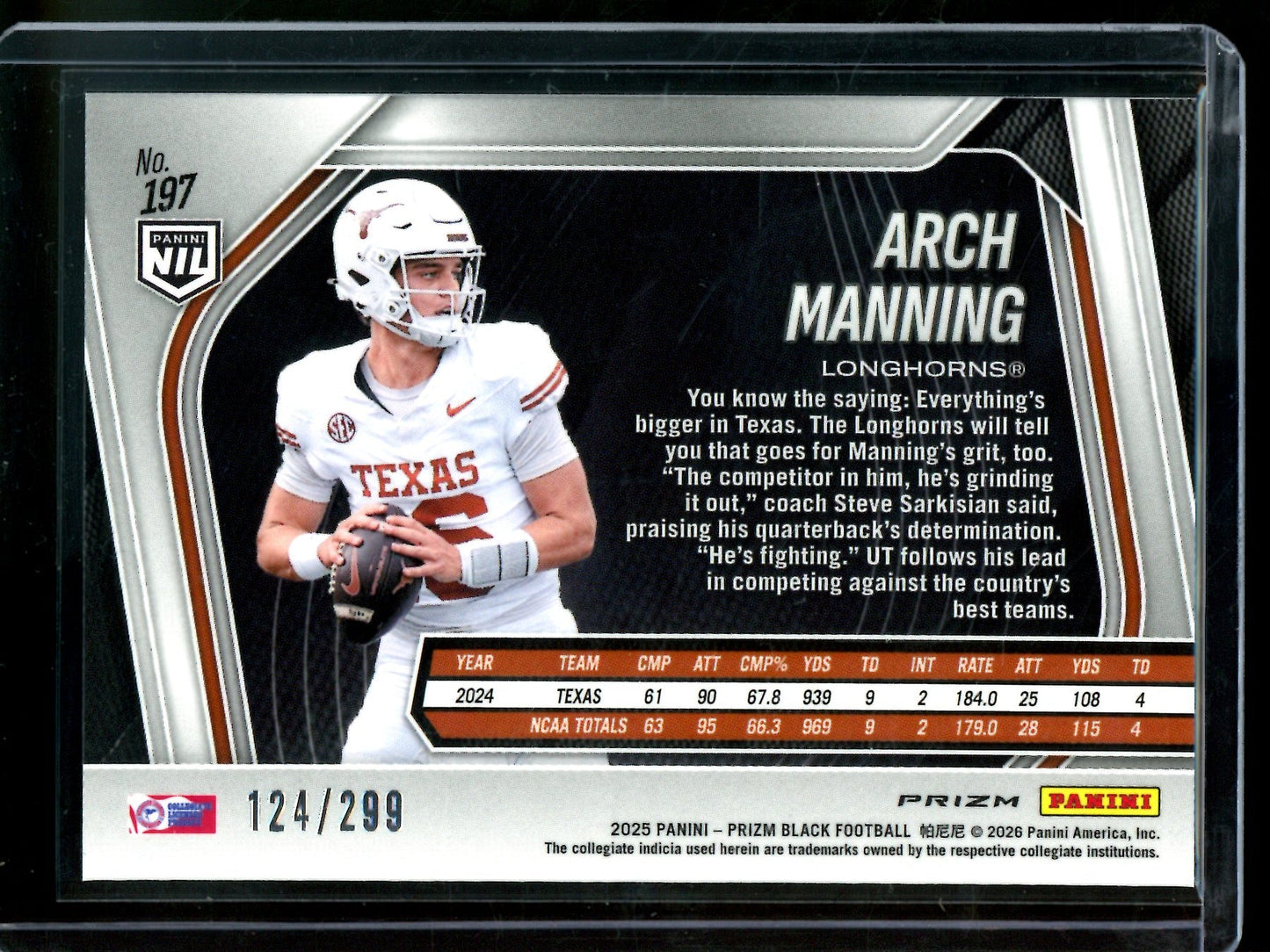 2025 Panini Prizm Black Arch Manning Red /299 Longhorns