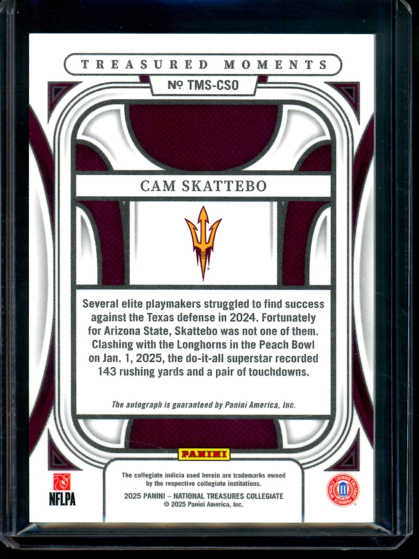 2025 Panini National Treasures Collegiate Cam Skattebo Treasured Moments Rookie Autograph /99