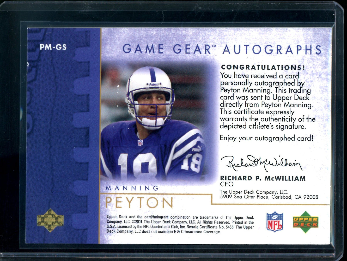2001 Upper Deck Game Gear Peyton Manning Autograph Colts