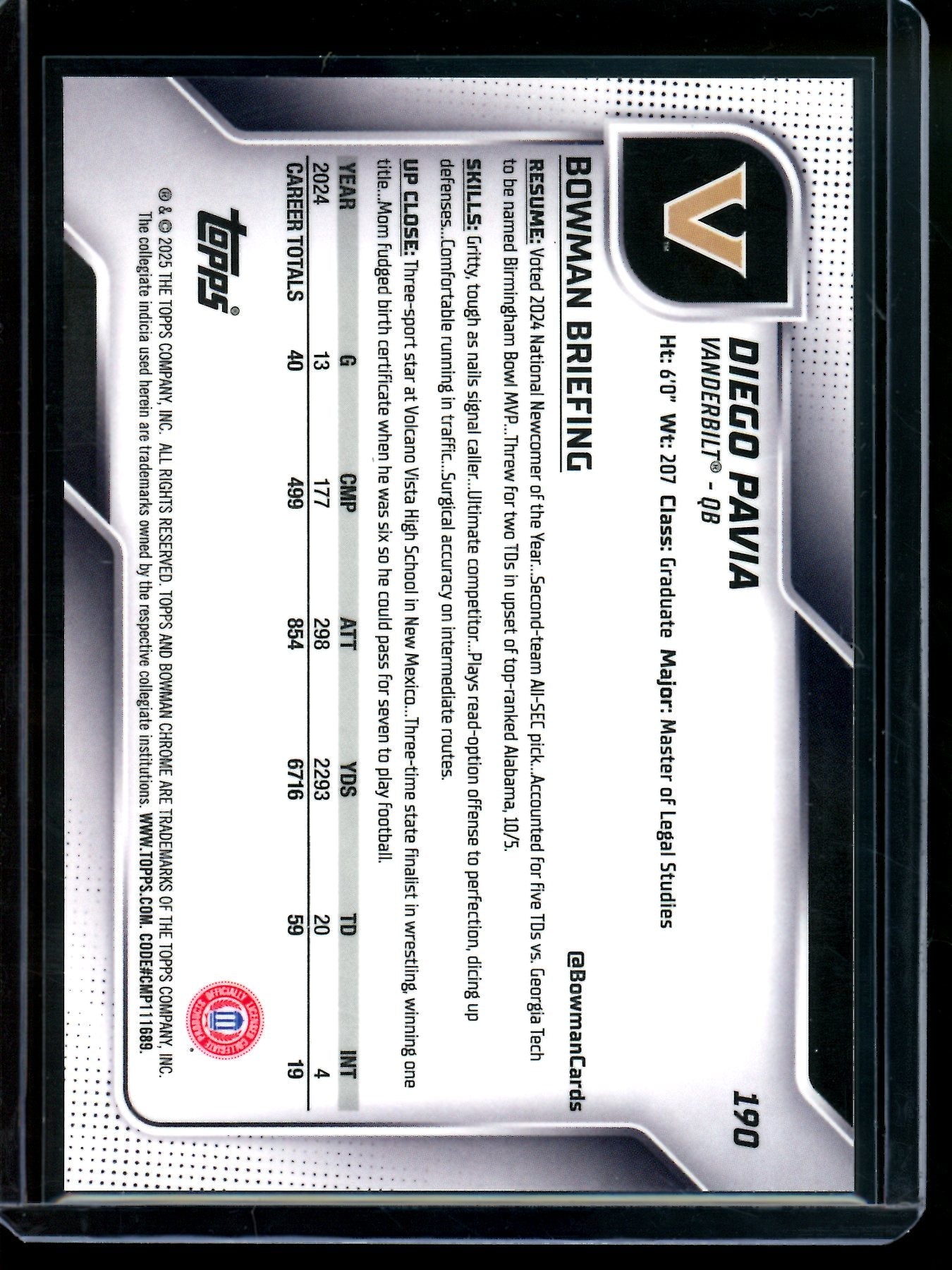 2025 Bowman Chrome Diego Pavia 1st Gold Refractor /50 Vanderbilt
